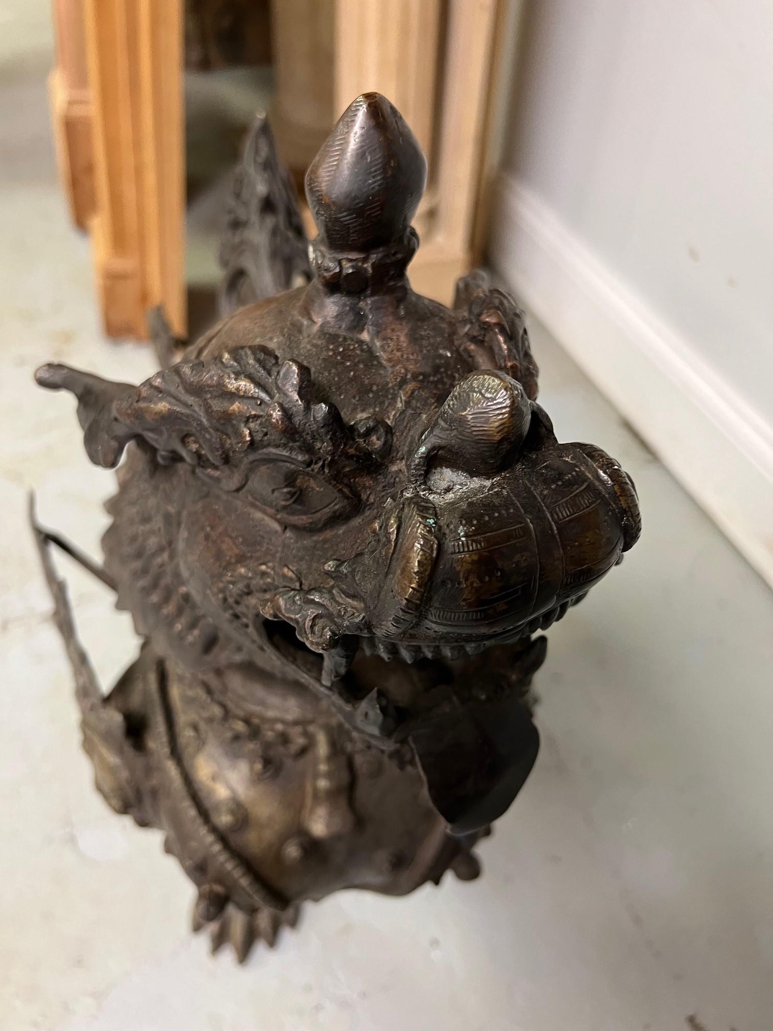 Mid 20th Century Bronze Pair of Foo Dogs or Tibetan Snow Lions in Full Armor  For Sale 8