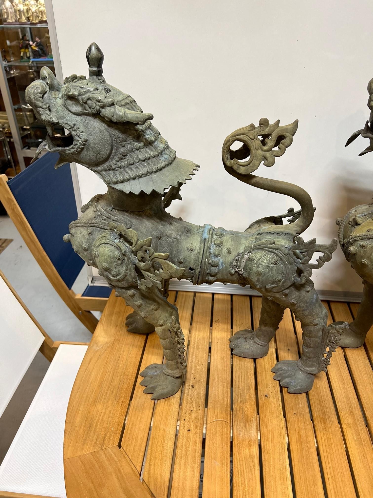 Mid 20th Century Bronze Pair of Foo Dogs or Tibetan Snow Lions in Full Armor    For Sale 9