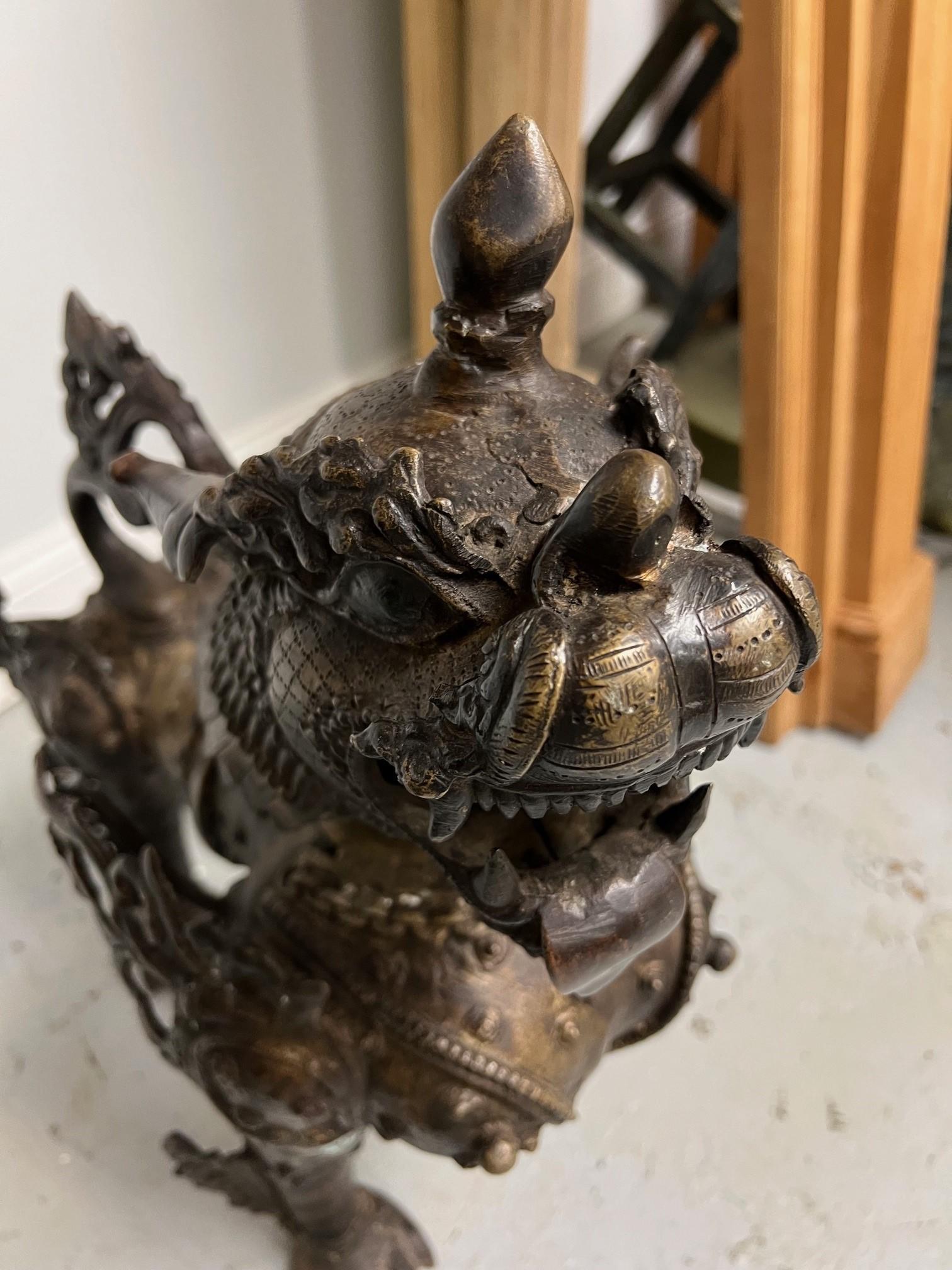 Mid 20th Century Bronze Pair of Foo Dogs or Tibetan Snow Lions in Full Armor  For Sale 9