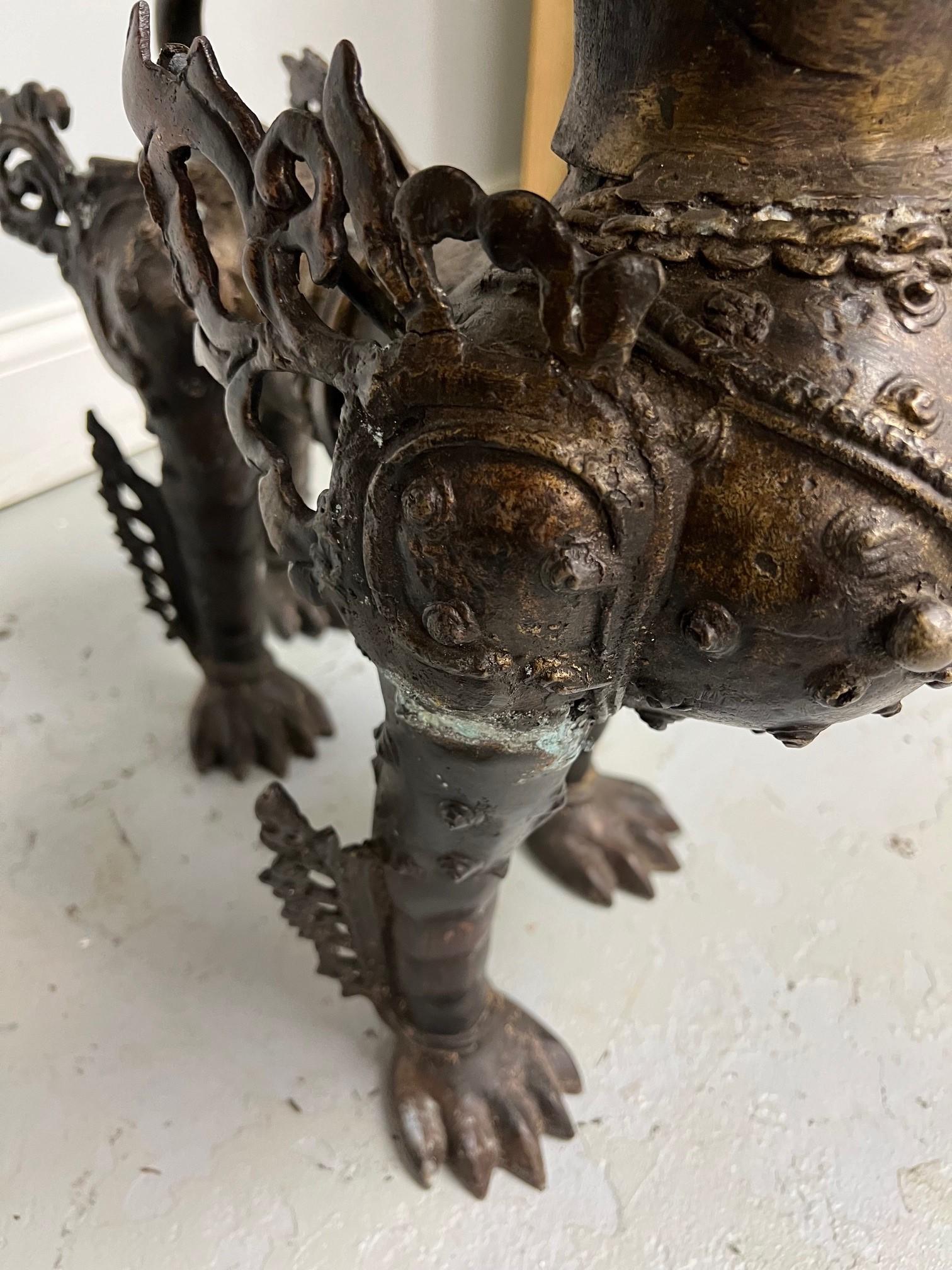 Mid 20th Century Bronze Pair of Foo Dogs or Tibetan Snow Lions in Full Armor  For Sale 11