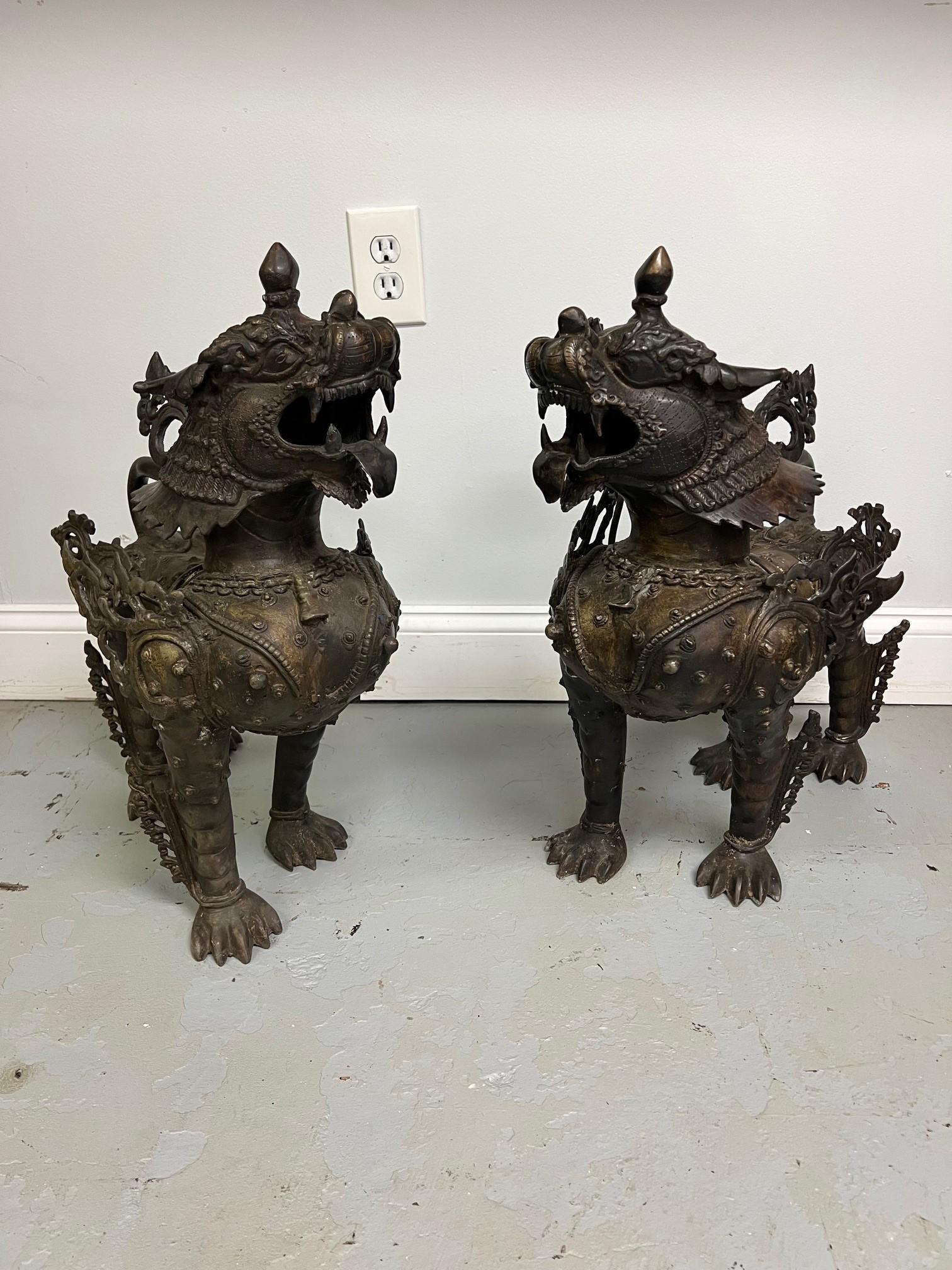 Mid 20th Century Bronze Pair of Foo Dogs or Tibetan Snow Lions in Full Armor  For Sale 13