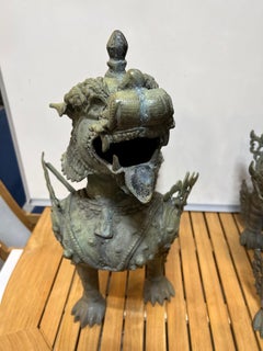 Mid 20th Century Bronze Pair of Foo Dogs or Tibetan Snow Lions in Full Armor