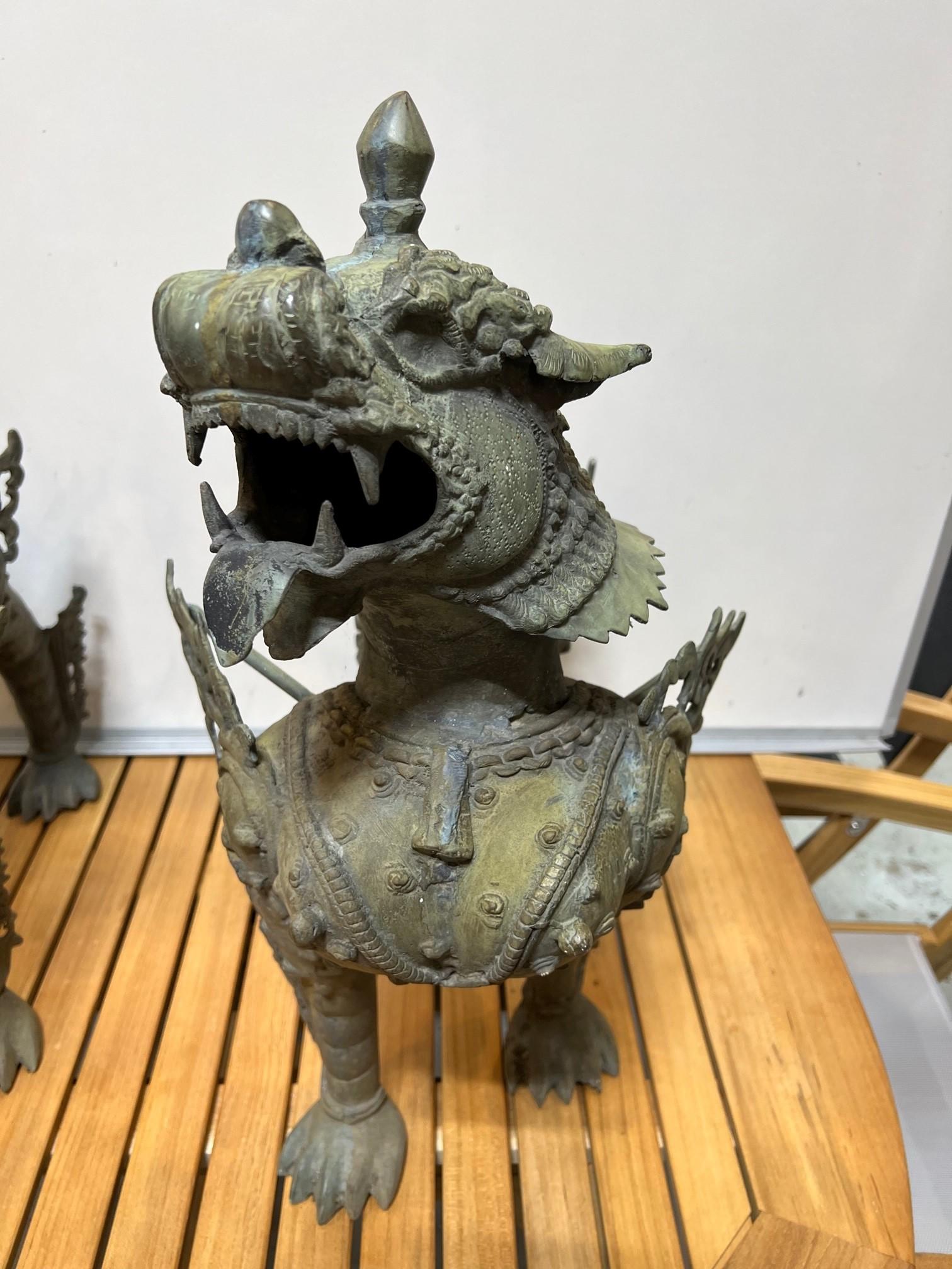 Thai Mid 20th Century Bronze Pair of Foo Dogs or Tibetan Snow Lions in Full Armor    For Sale