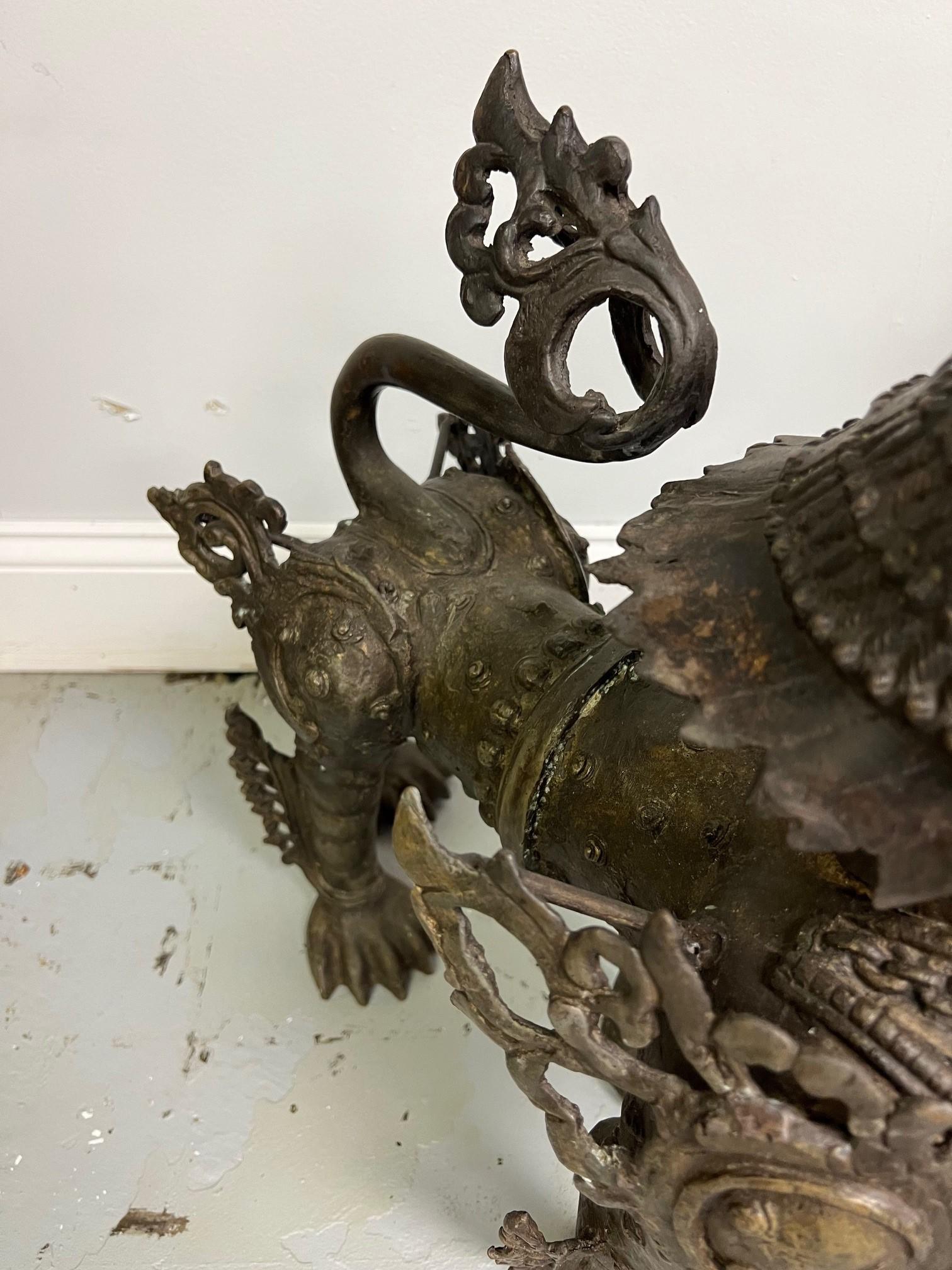 Asian Mid 20th Century Bronze Pair of Foo Dogs or Tibetan Snow Lions in Full Armor  For Sale
