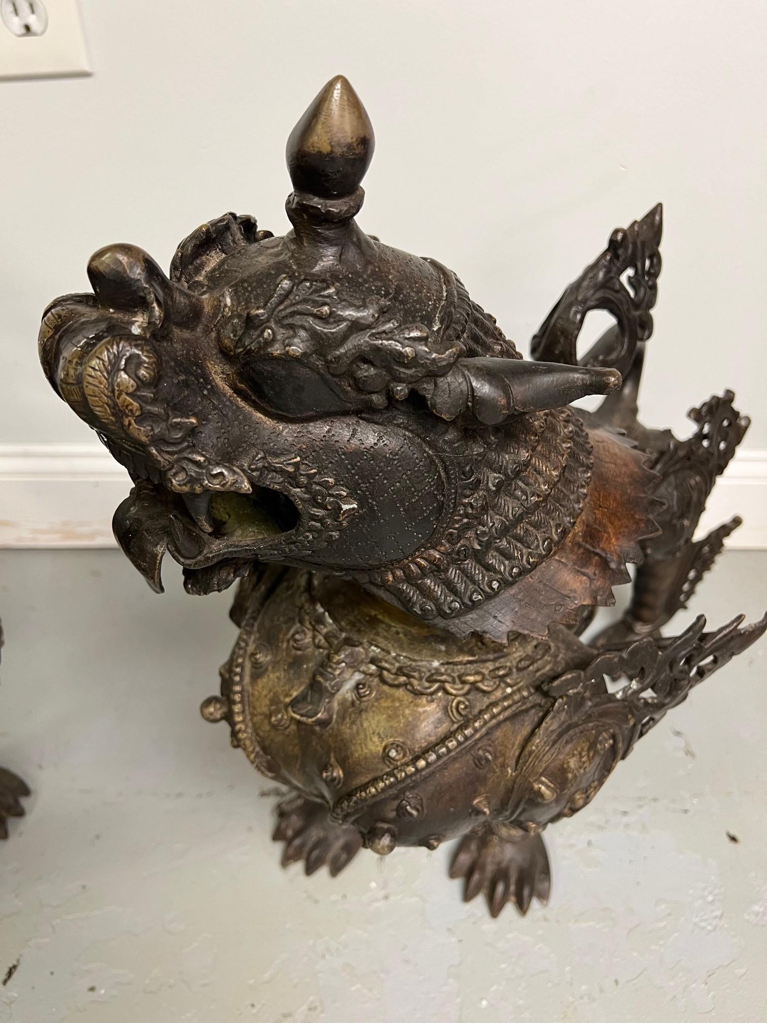 Mid 20th Century Bronze Pair of Foo Dogs or Tibetan Snow Lions in Full Armor  In Good Condition For Sale In Stamford, CT