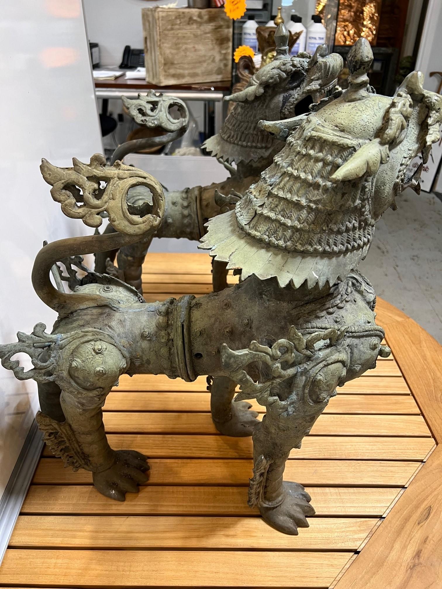 Mid 20th Century Bronze Pair of Foo Dogs or Tibetan Snow Lions in Full Armor    For Sale 2