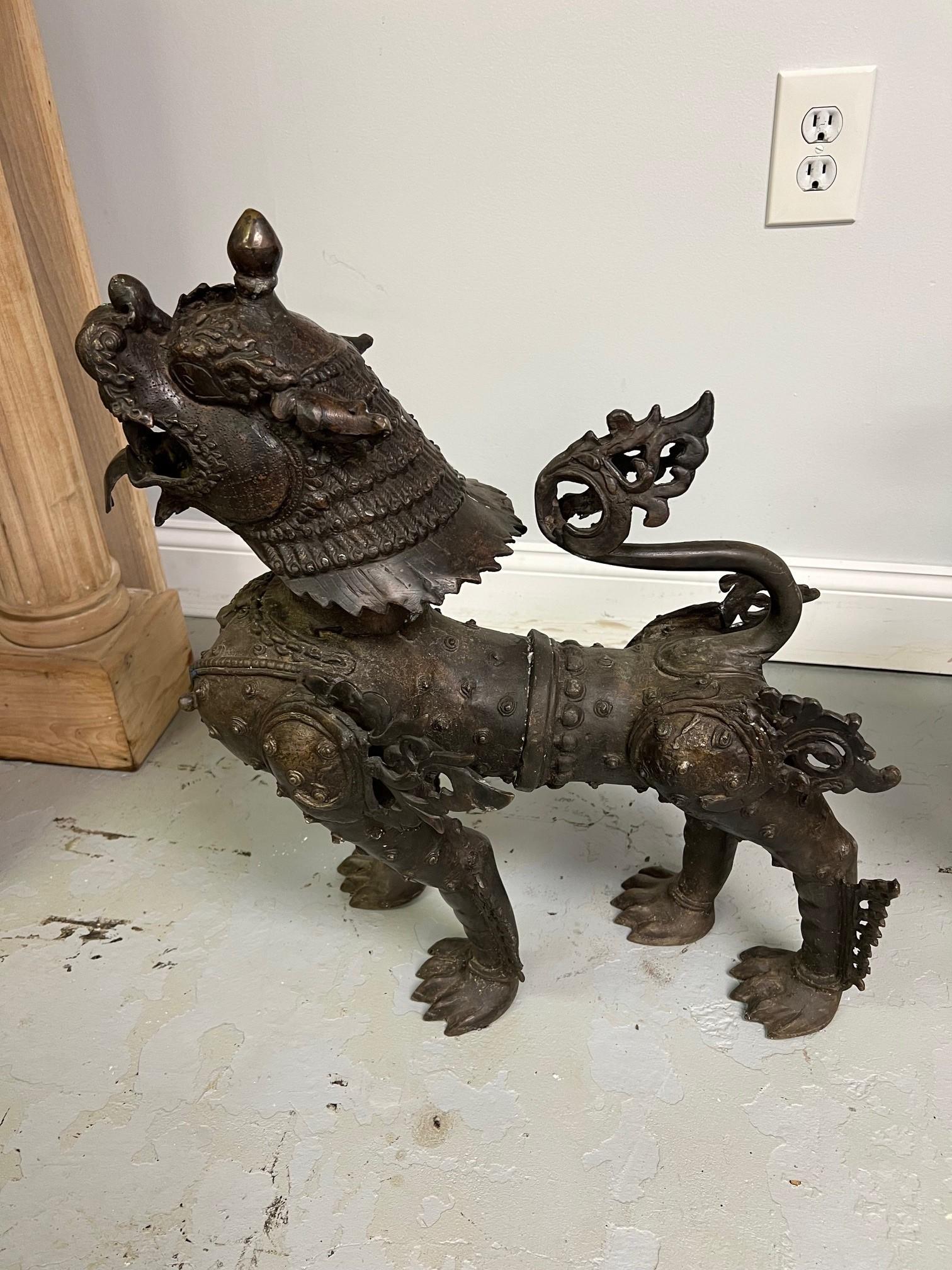 Mid 20th Century Bronze Pair of Foo Dogs or Tibetan Snow Lions in Full Armor  For Sale 2