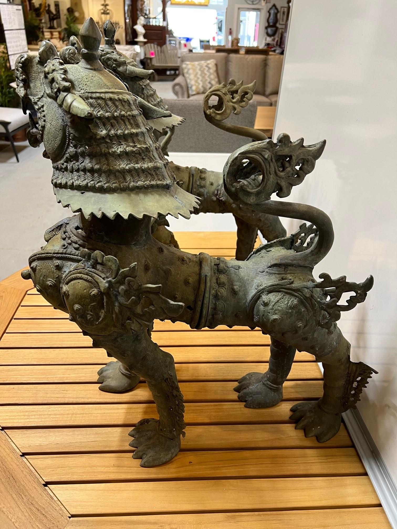Mid 20th Century Bronze Pair of Foo Dogs or Tibetan Snow Lions in Full Armor    For Sale 3