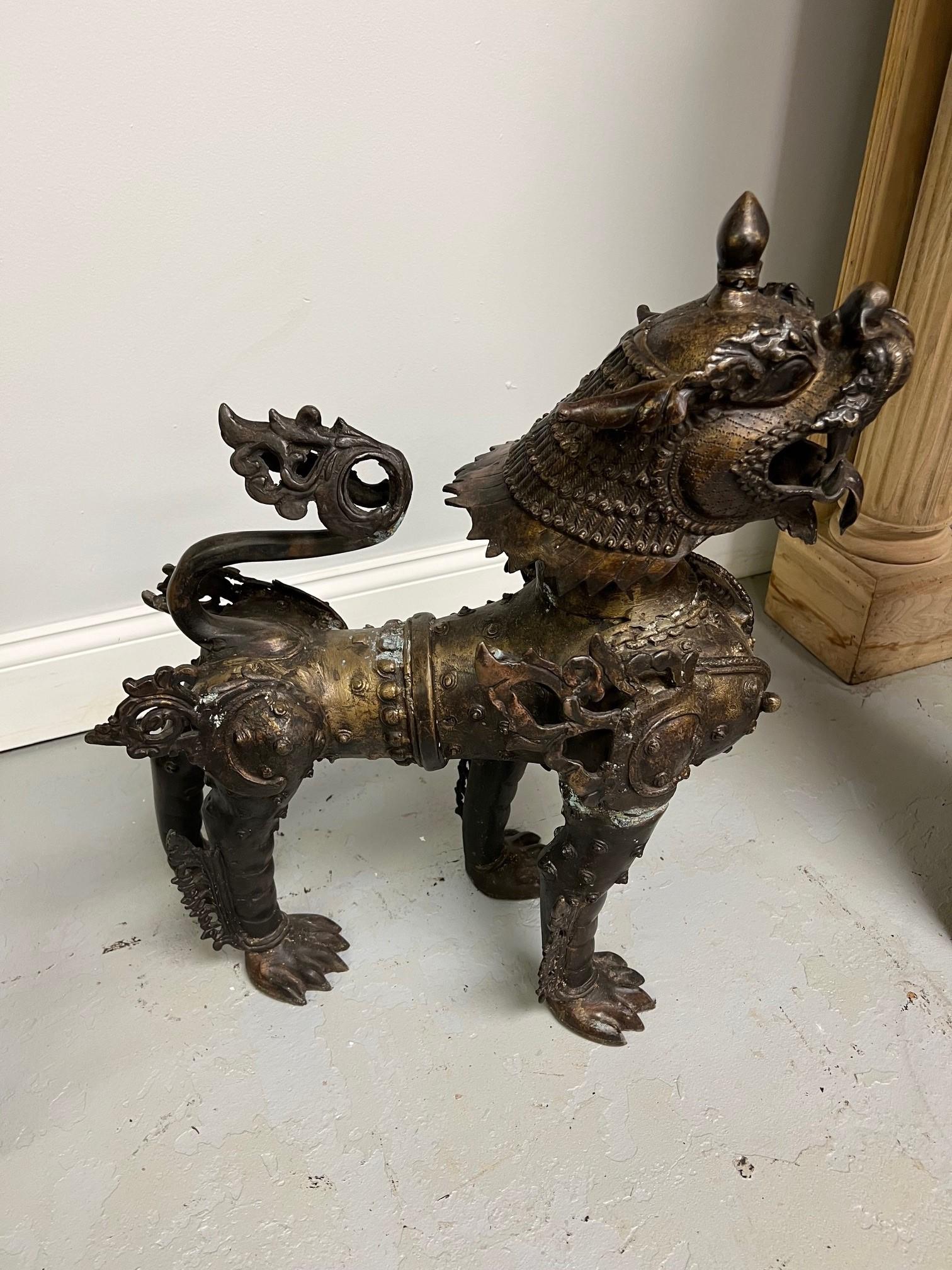 Mid 20th Century Bronze Pair of Foo Dogs or Tibetan Snow Lions in Full Armor  For Sale 3