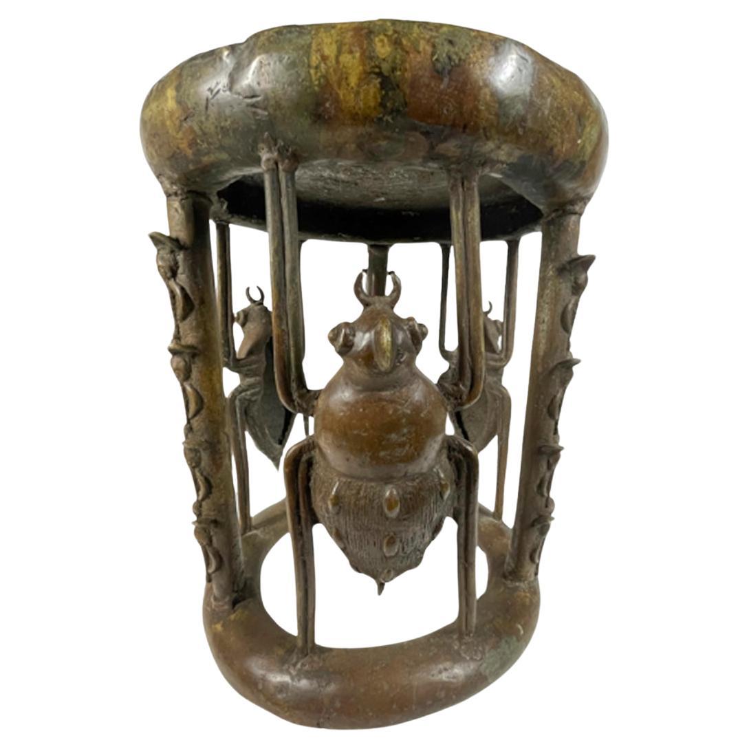 Mid-20th Century Bronze Stool, Bameleke Peoples Cameroon w/Elephants & Beetles For Sale