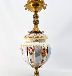 Mid-20th Century Bronze Table Lamp Ceramic Floral Decoration