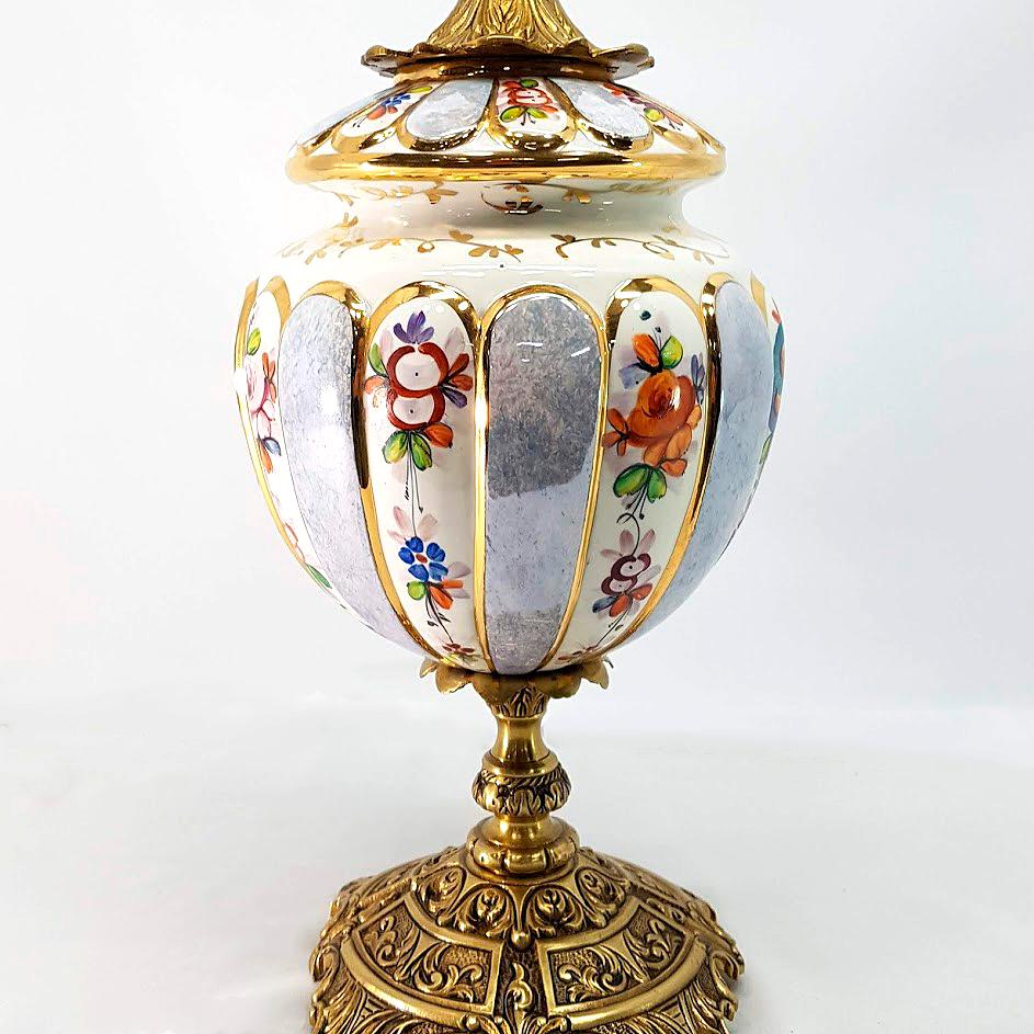 Other Mid-20th Century Bronze Table Lamp Ceramic Floral Decoration For Sale