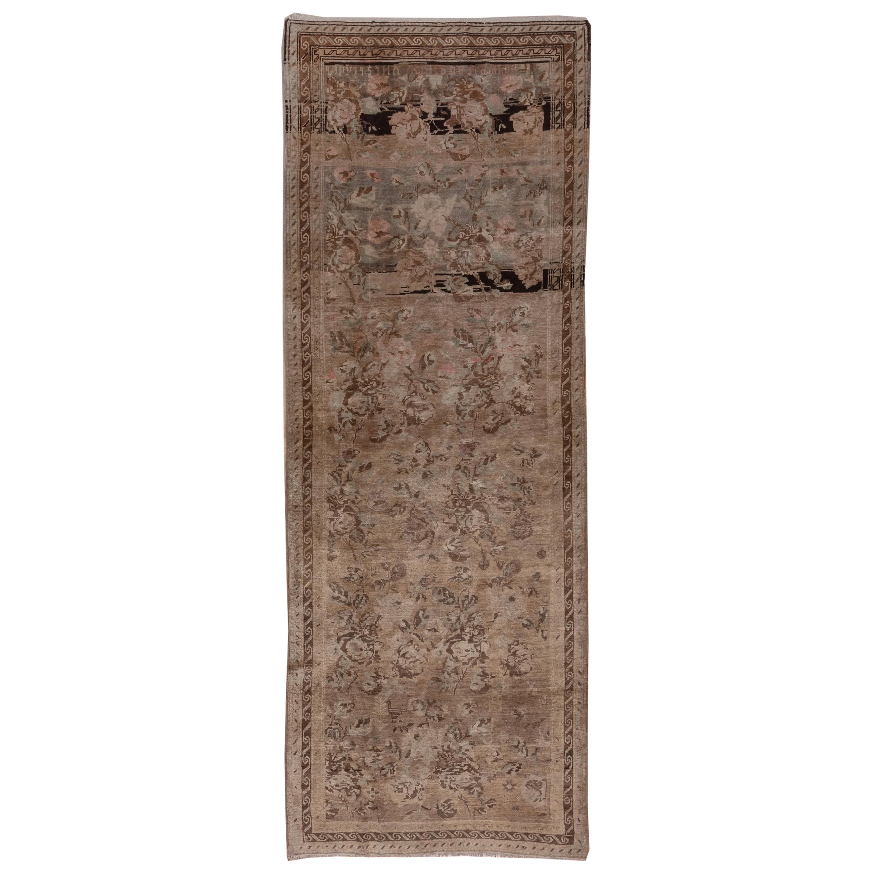 Mid-20th Century Brown Turkish Oushak Wide Runner, Floral Design, circa 1950s For Sale