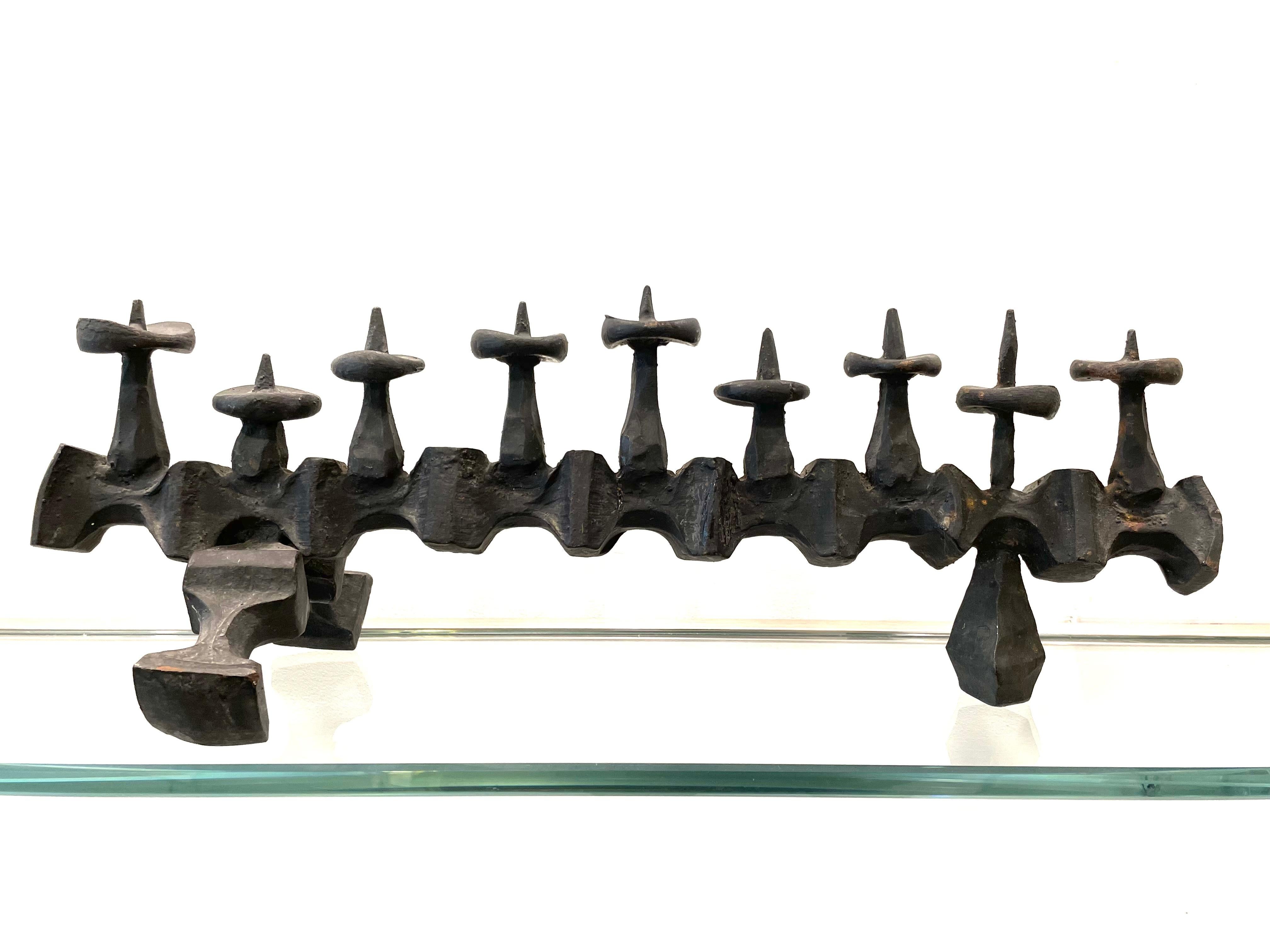 Hand-Crafted Mid-20th Century Israeli Brutalist Iron Hanukkah Lamp by David Palombo For Sale