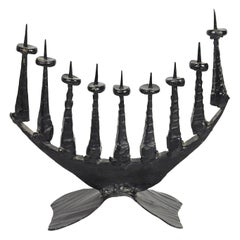 Mid-20th Century Brutalist Iron Hanukkah Lamp Menorah by David Palombo