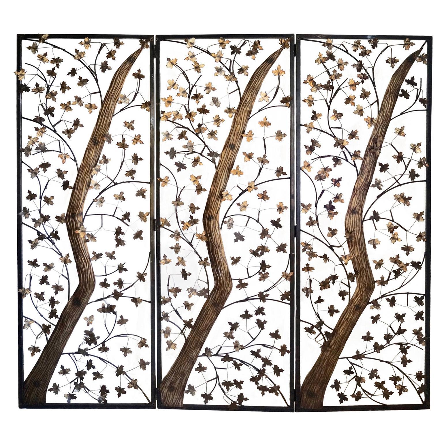 Mid-20th Century Brutalist Metal and Brass Leaves Screen, England For Sale