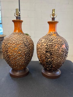 Mid 20th Century Pair Brutalist Orange Lava Glazed of Ceramic Lamps
