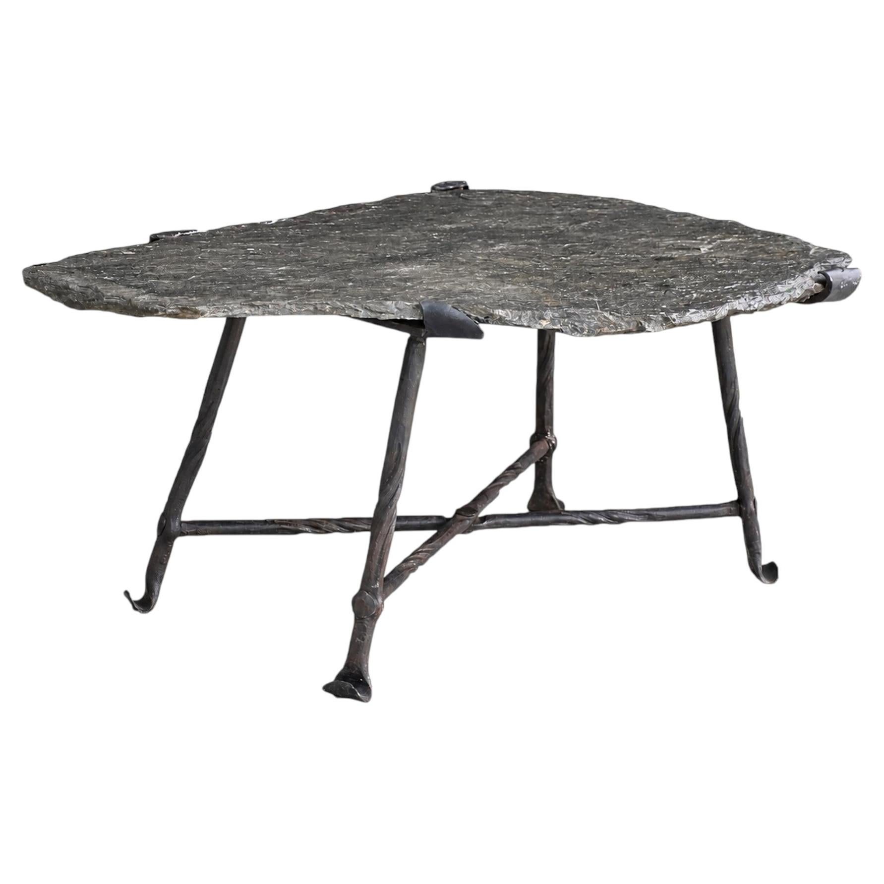 Mid 20th Century Brutalist sculptural slate cast iron table