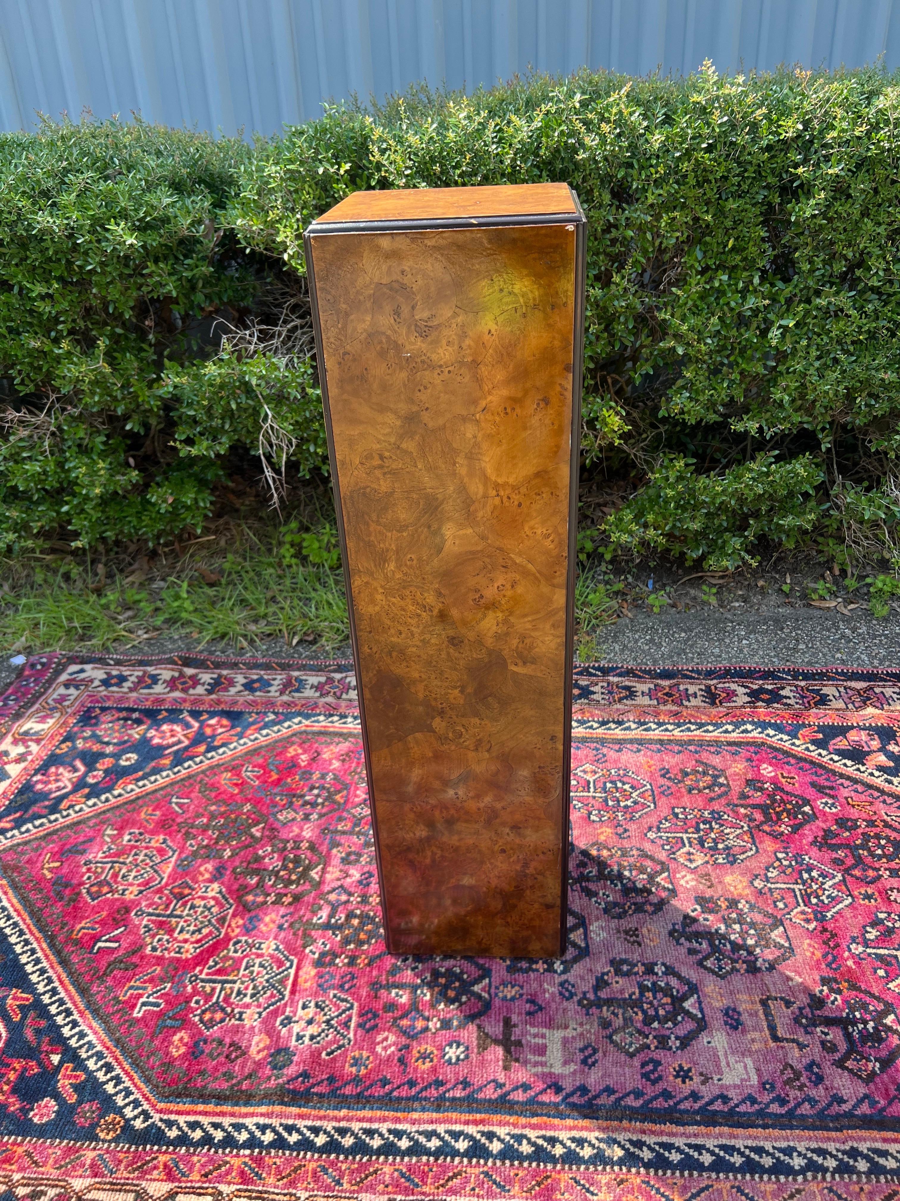 Milo Baughman Style Tall Burlwood Pedestal with black banding. Made in the Mid 20th Century