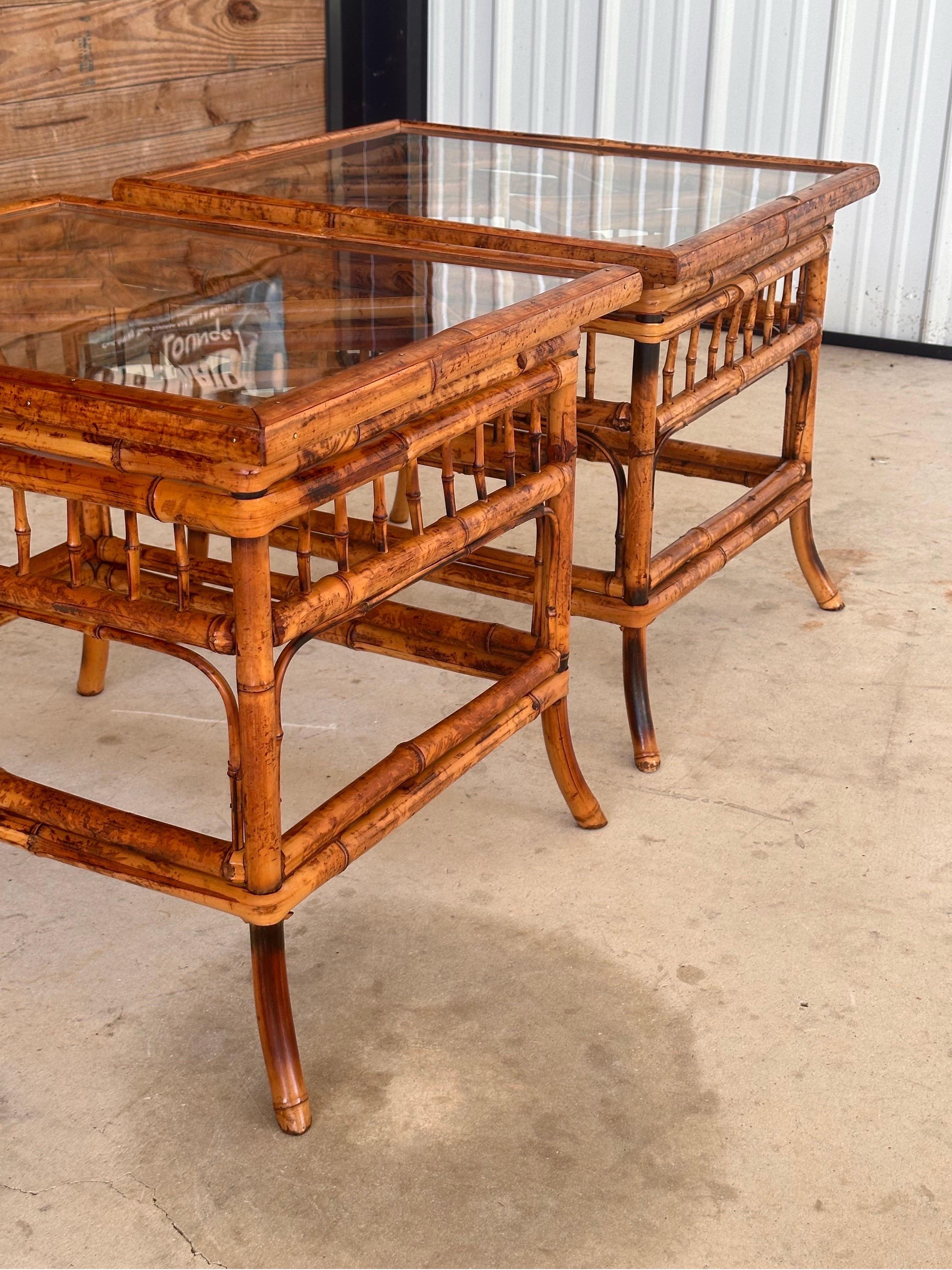 British Colonial mid-20th Century Burnt Bamboo Brighton Pavilion Side Tables by Hekman-Pair