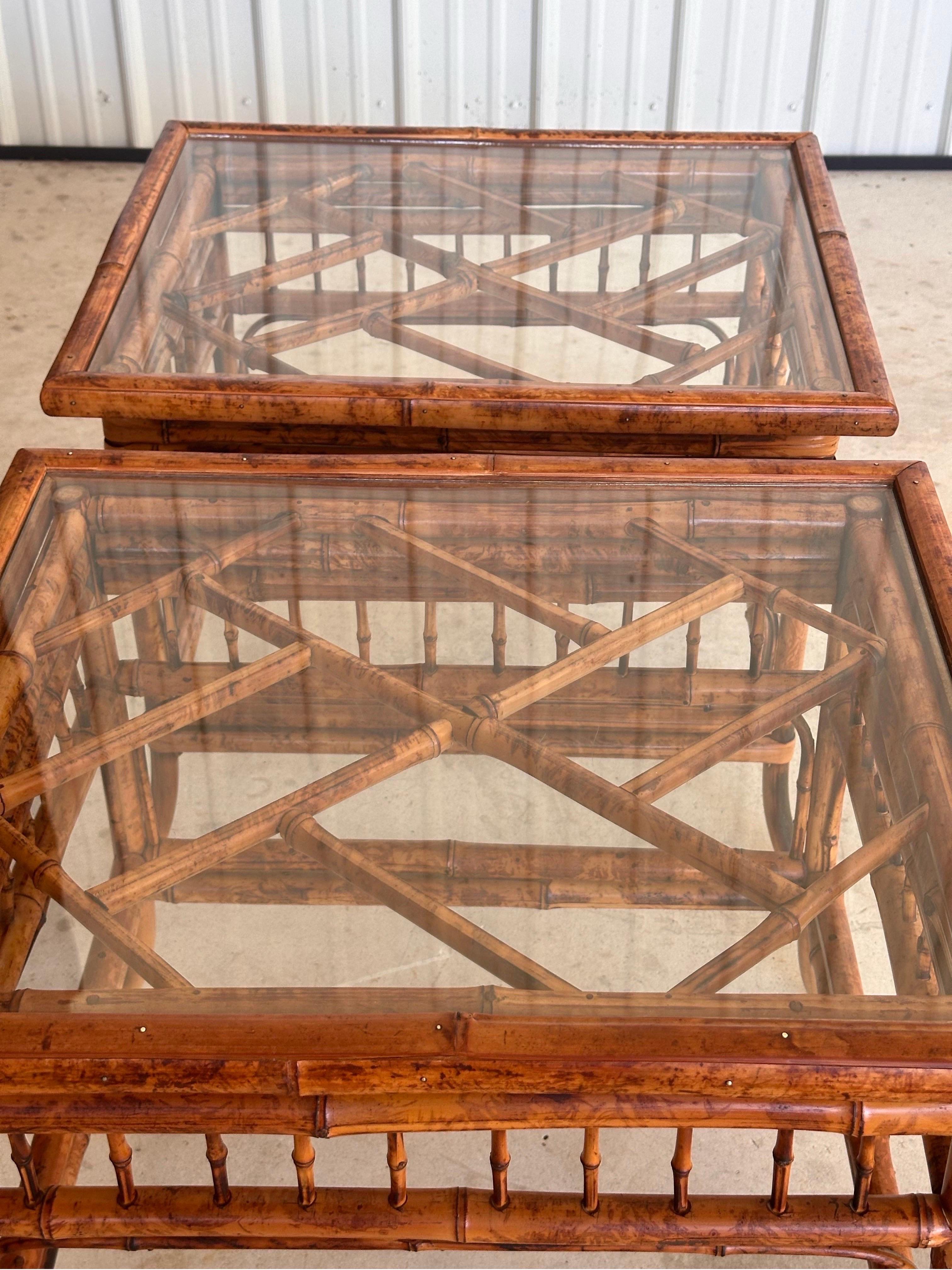 Hand-Crafted mid-20th Century Burnt Bamboo Brighton Pavilion Side Tables by Hekman-Pair