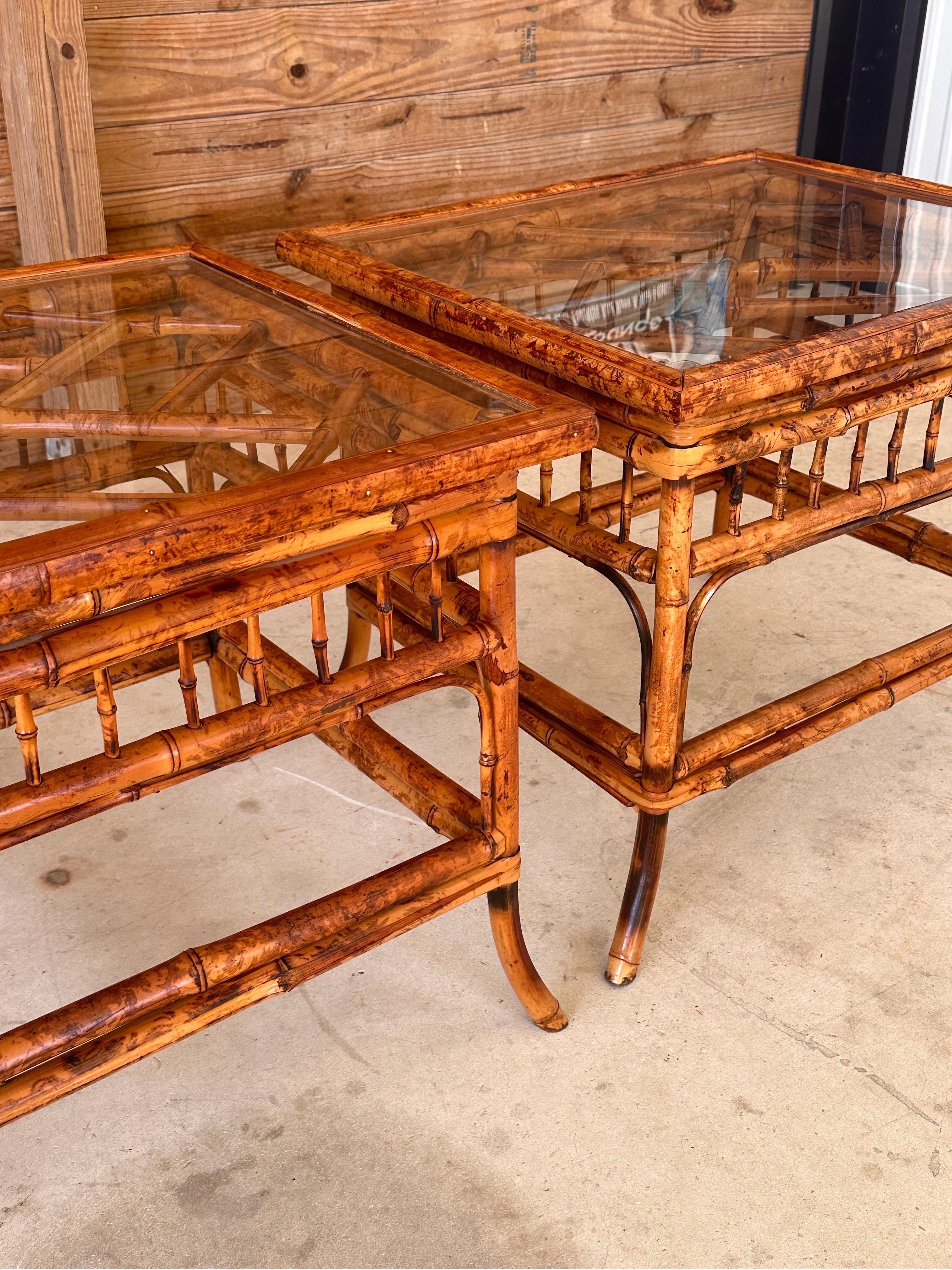mid-20th Century Burnt Bamboo Brighton Pavilion Side Tables by Hekman-Pair 1