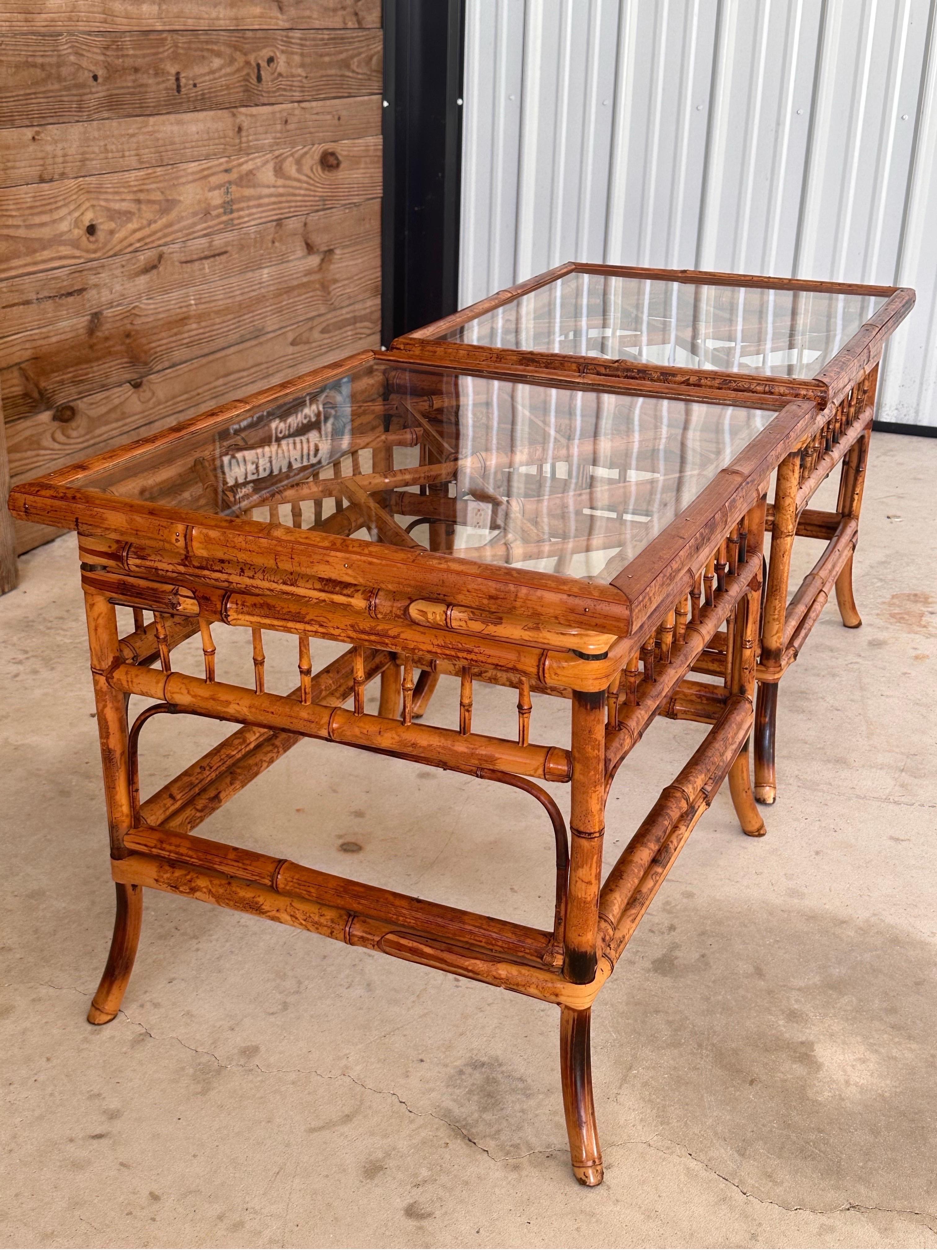 mid-20th Century Burnt Bamboo Brighton Pavilion Side Tables by Hekman-Pair 2