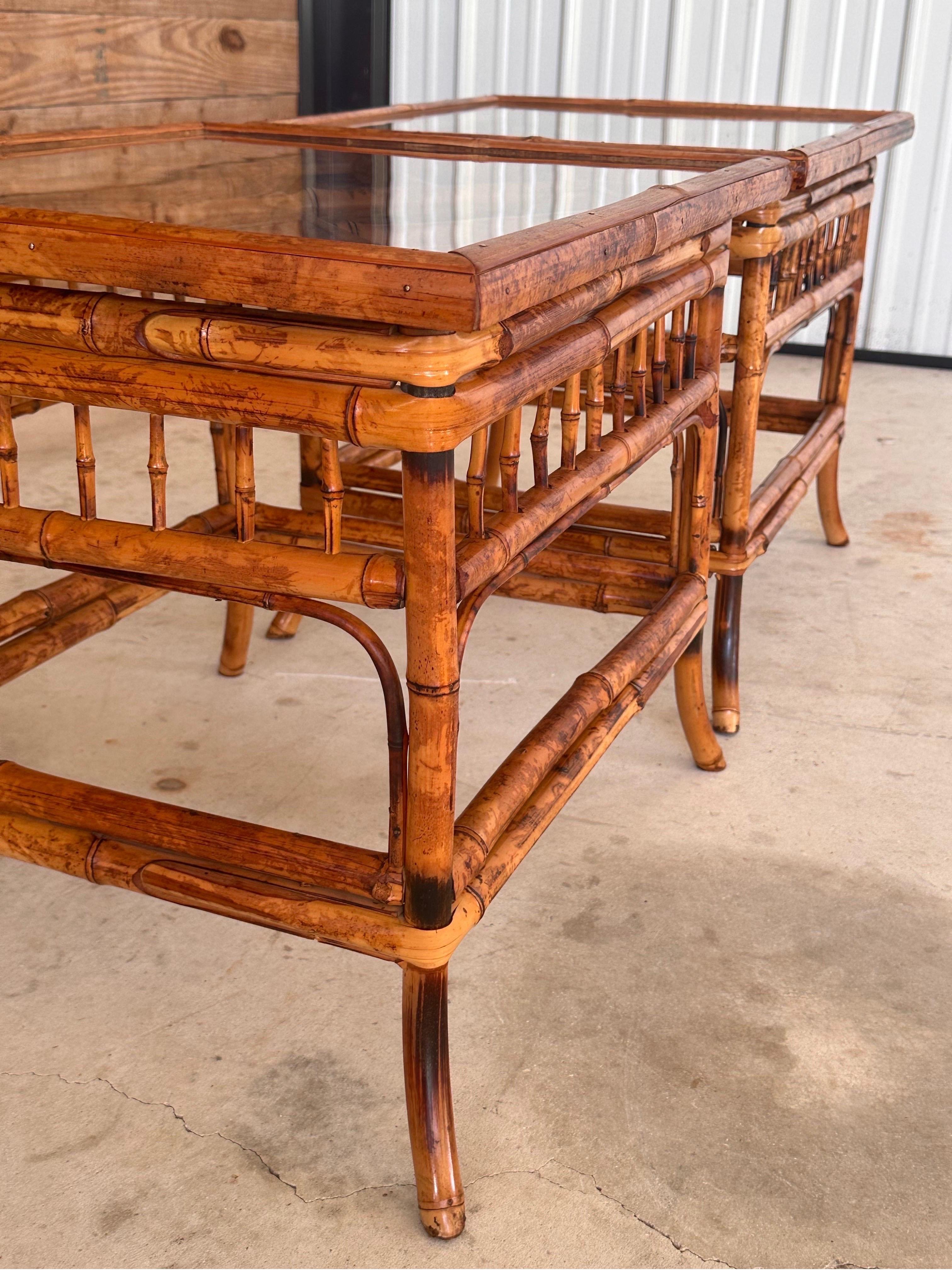mid-20th Century Burnt Bamboo Brighton Pavilion Side Tables by Hekman-Pair 3