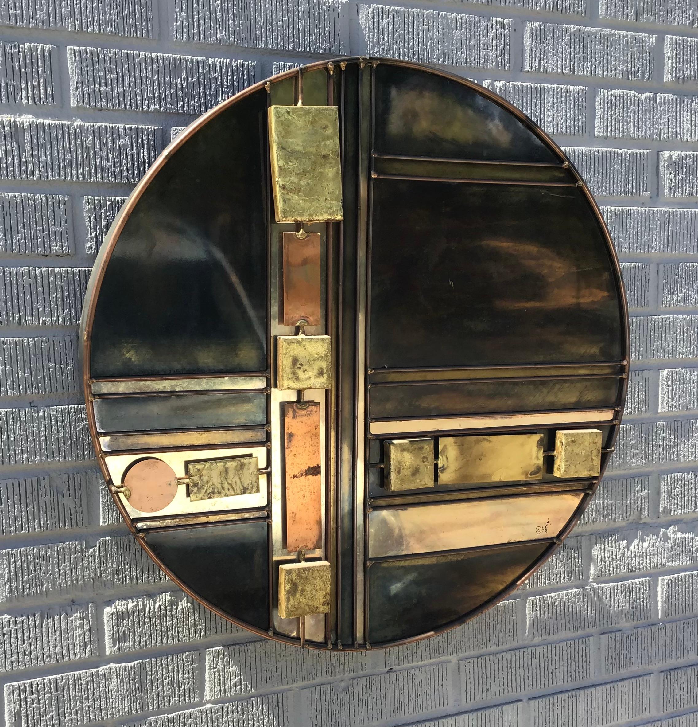 Mitte des 20. Jahrhunderts C Jeré Runde Metall abstrakt signiert Wand-Skulptur im Angebot 3