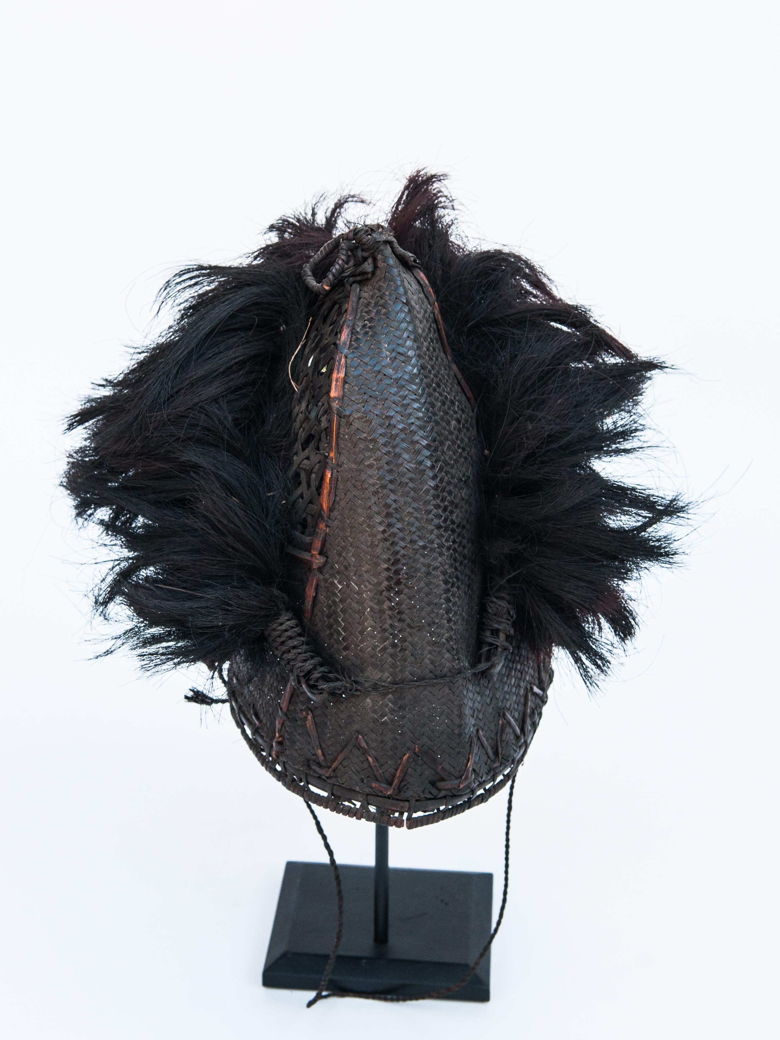 Hand-Woven Mid-20th Century Cane Warriors Hat Boar Tusk & Goat Hair, Konyak, Naga, NE India