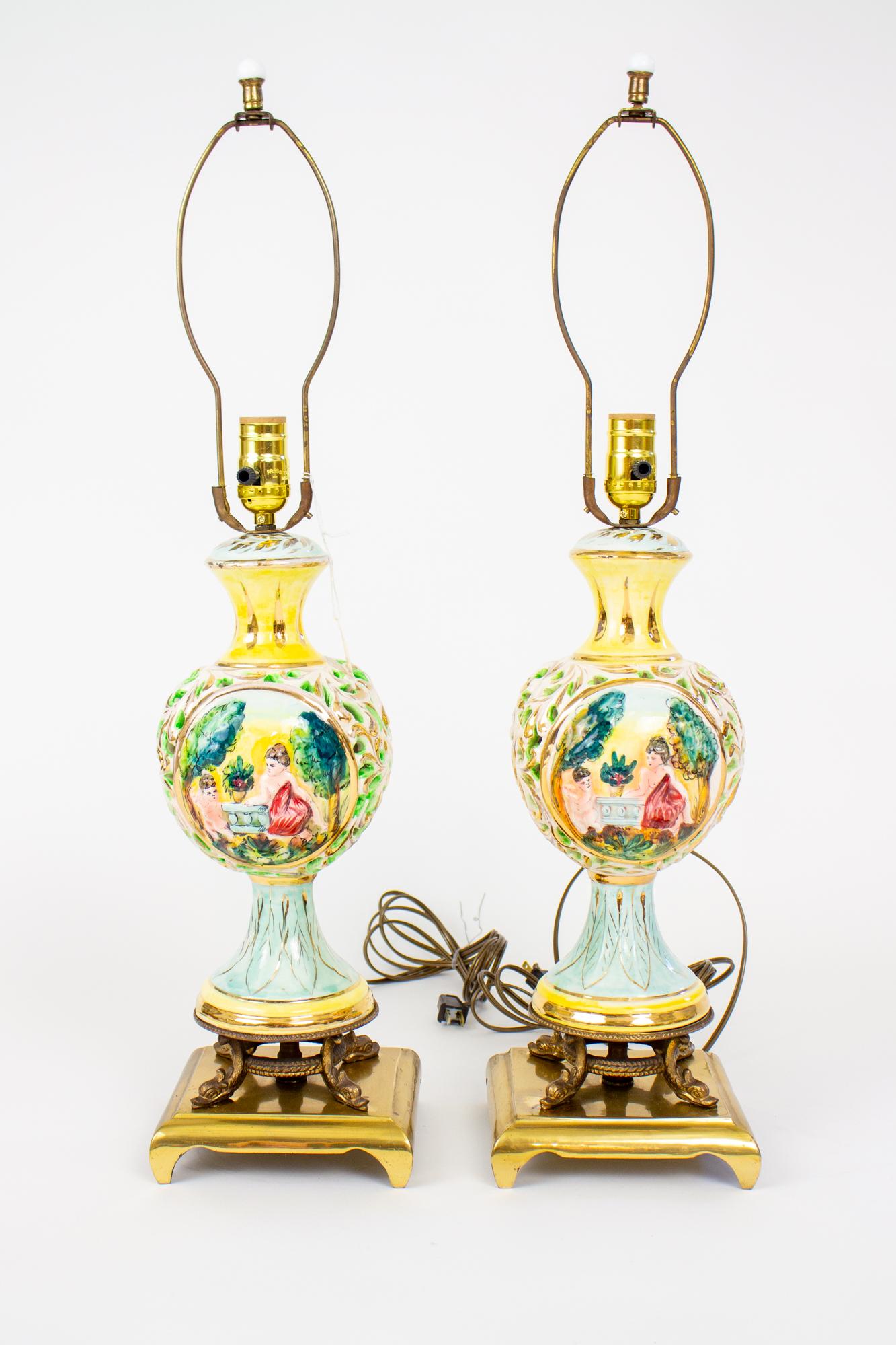 Italian Mid 20th Century Capodimonte Yellow And Sky Blue Table Lamps - a Pair For Sale