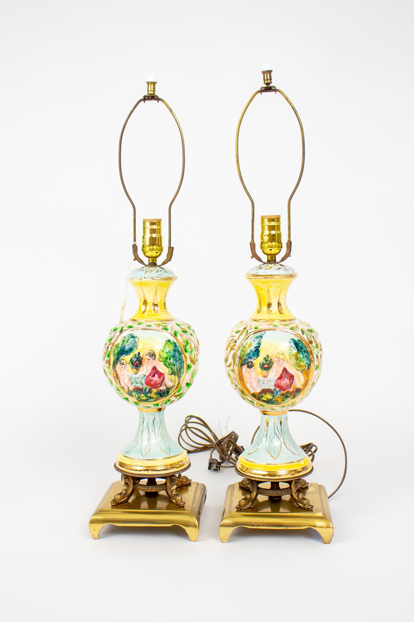 Brass Mid 20th Century Capodimonte Yellow And Sky Blue Table Lamps - a Pair For Sale