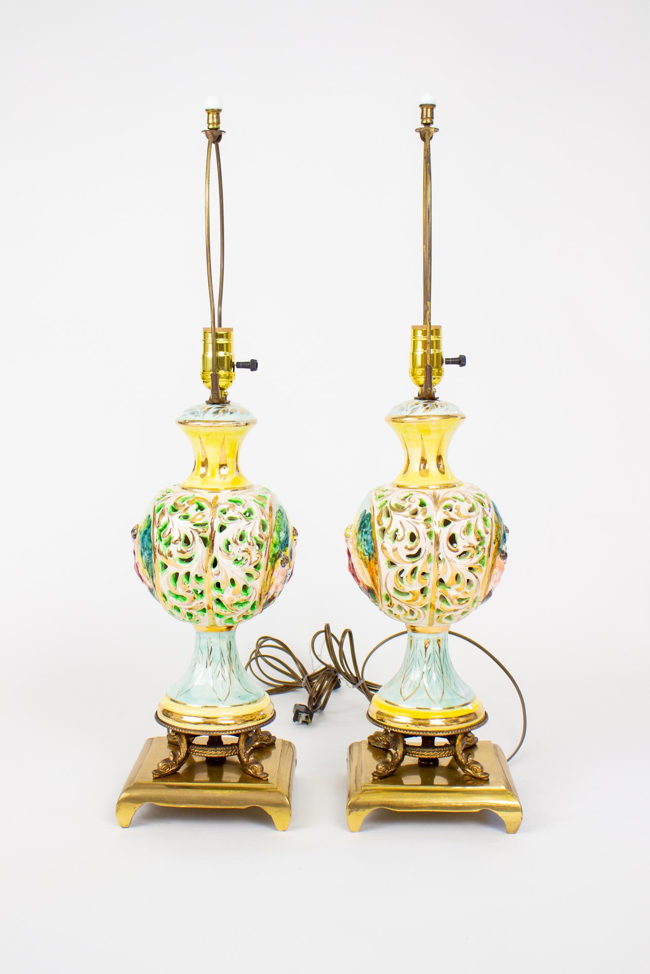 Mid 20th Century Capodimonte Yellow And Sky Blue Table Lamps - a Pair For Sale 1