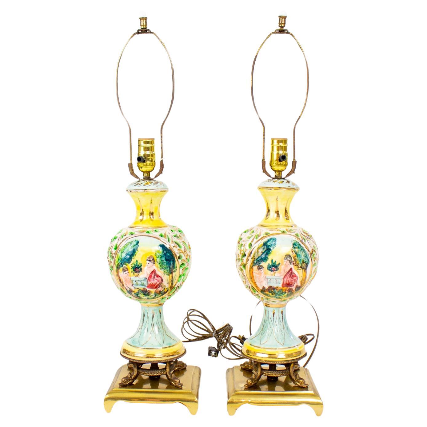 Mid 20th Century Capodimonte Yellow And Sky Blue Table Lamps - a Pair For Sale