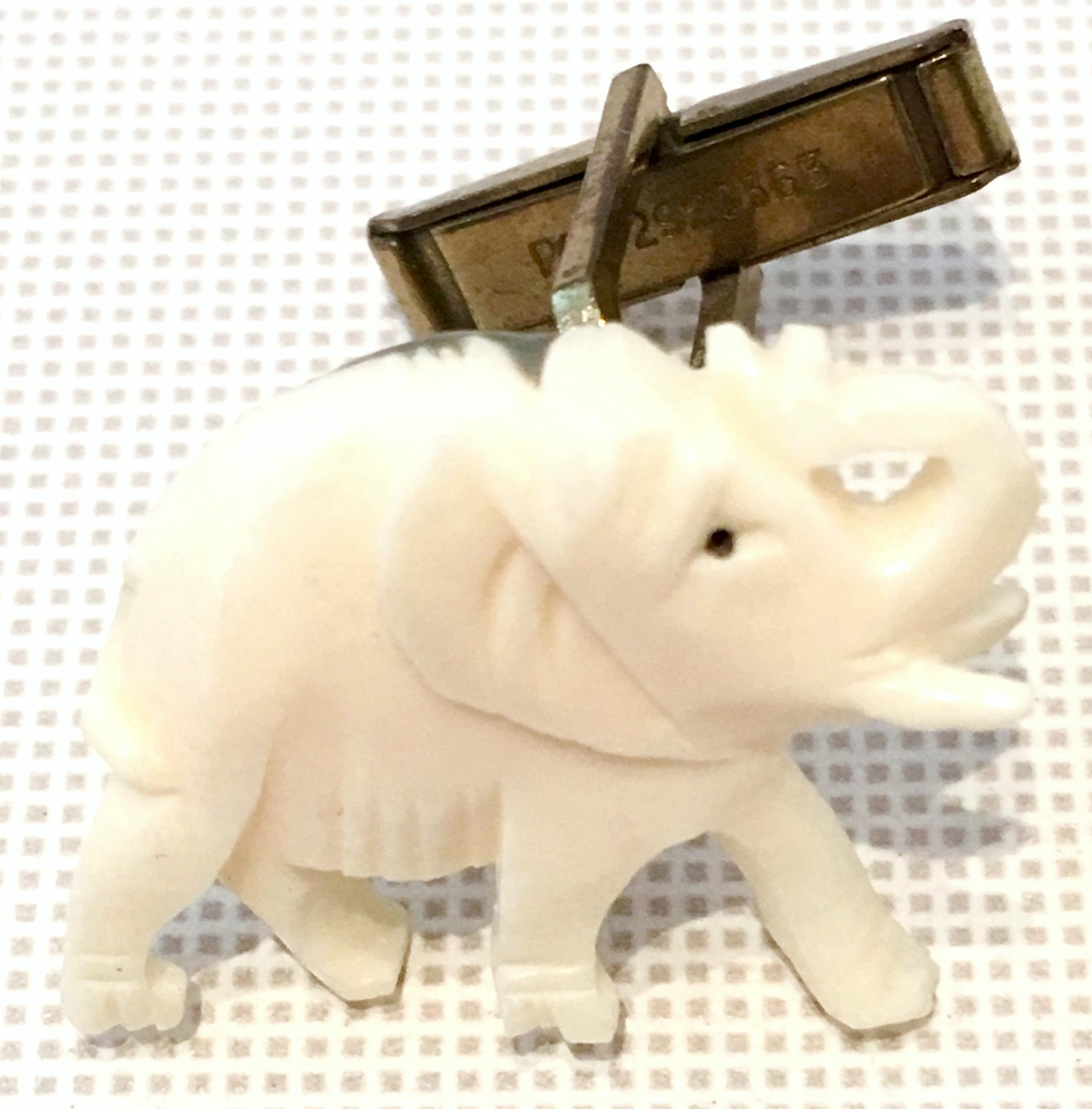 Women's or Men's Mid-20th Century Carved Bone & Jade Good Luck Elephant Cuff Links By, Swank