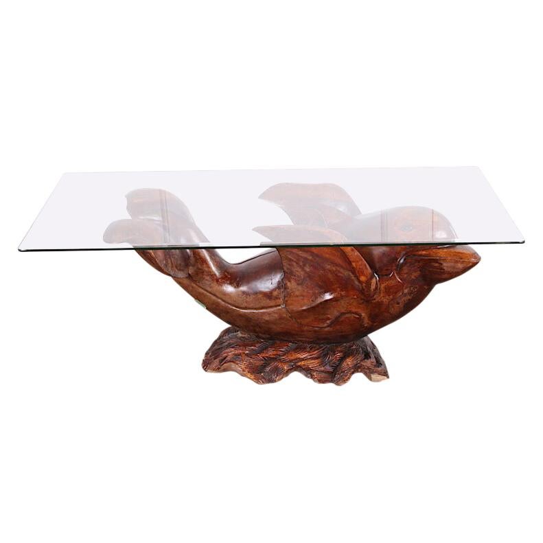 Mid 20th Century Carved Hardwood Dolphin Coffee Table Sculpture