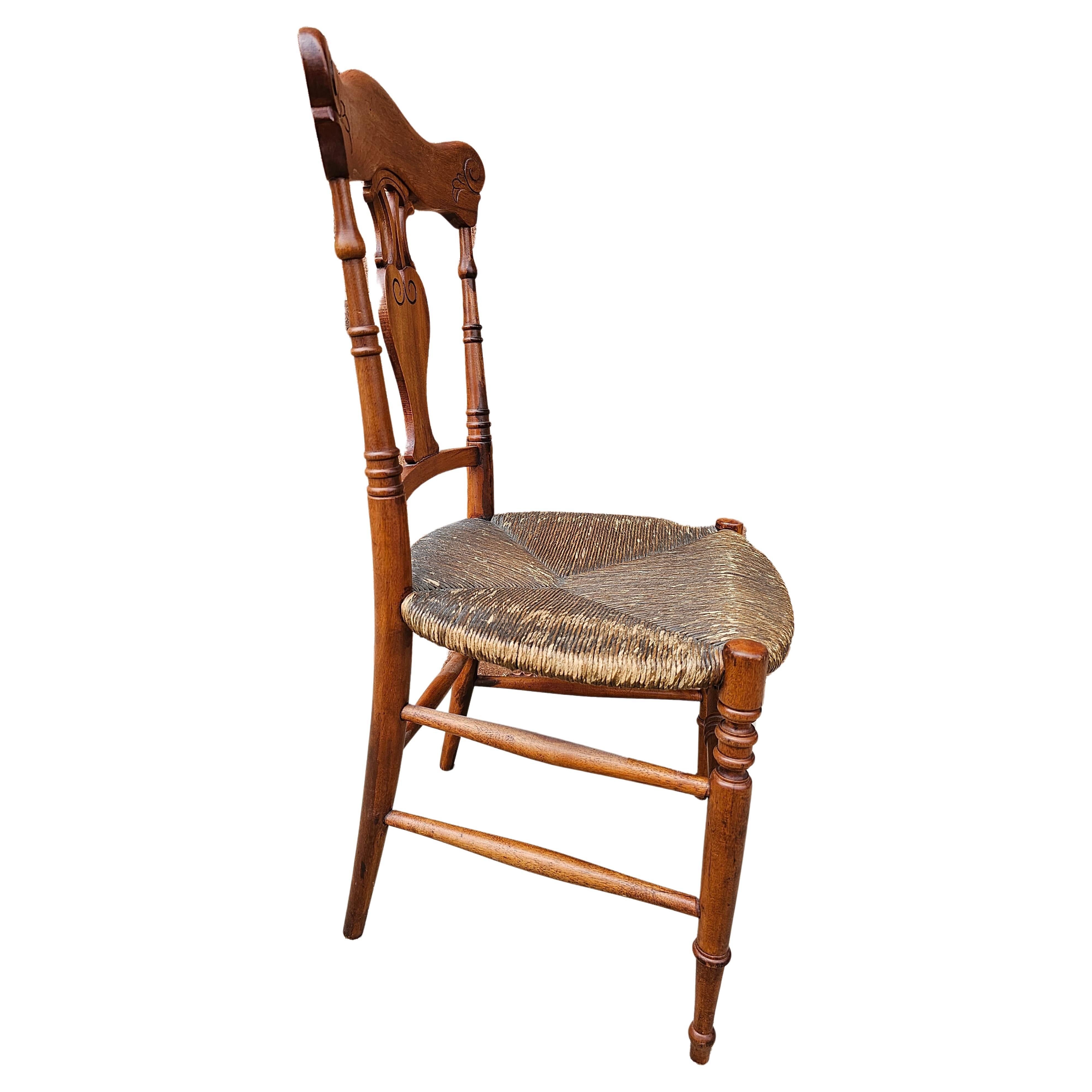 American Mid-20th Century Carved Mahogany and Low Rush Seat Side Chair For Sale