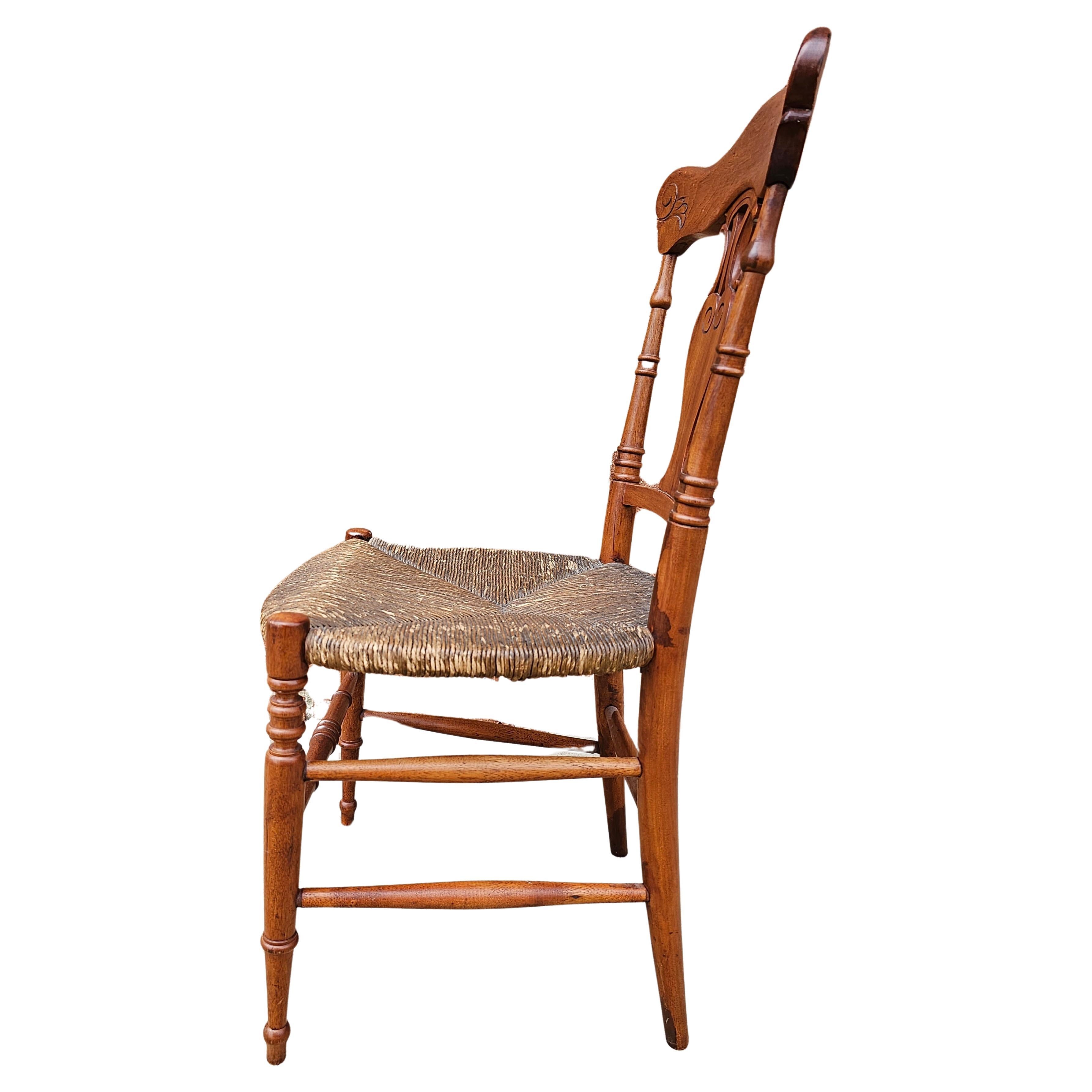 Stained Mid-20th Century Carved Mahogany and Low Rush Seat Side Chair For Sale