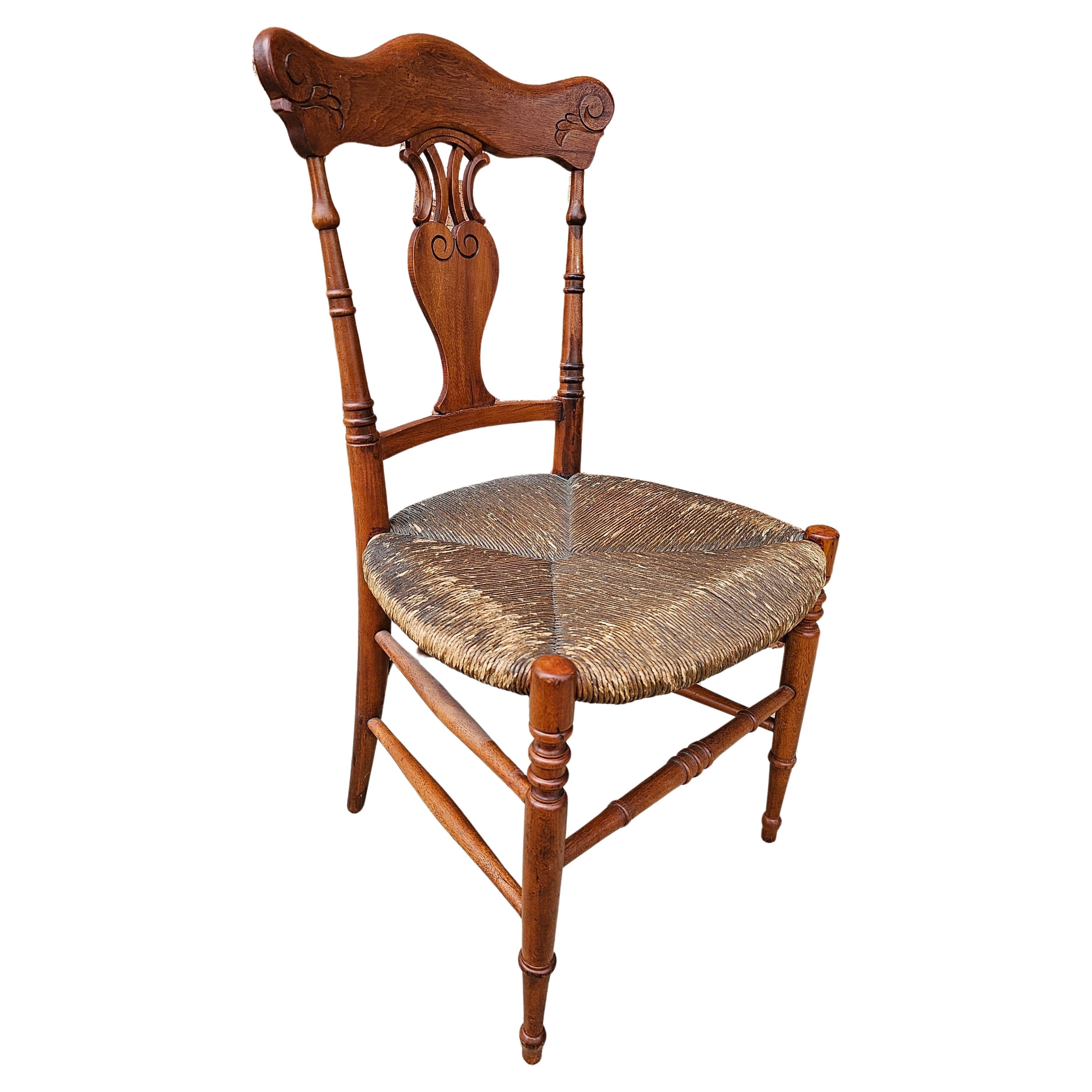 Mid-20th Century Carved Mahogany and Low Rush Seat Side Chair In Good Condition For Sale In Germantown, MD