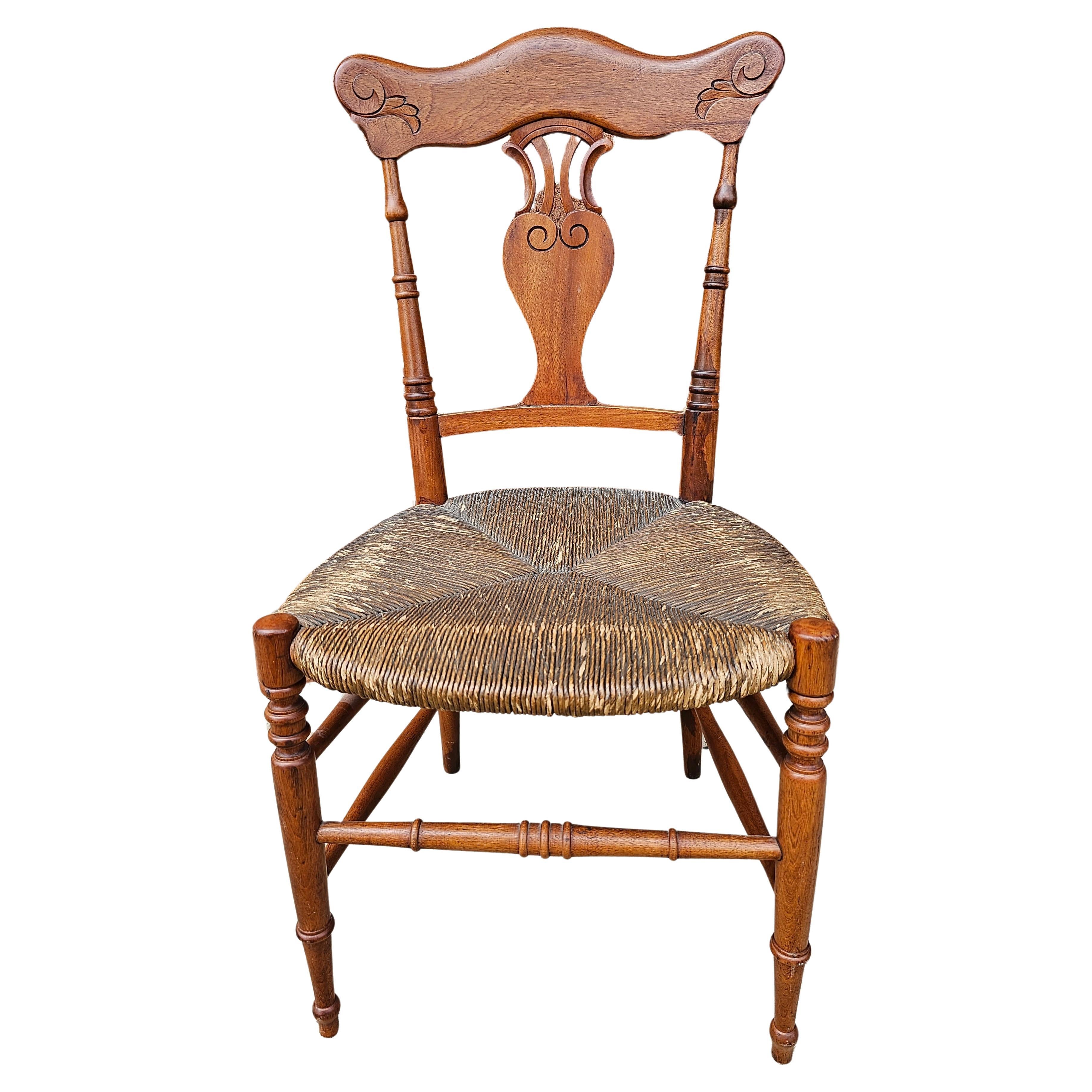 Mid-20th Century Carved Mahogany and Low Rush Seat Side Chair For Sale