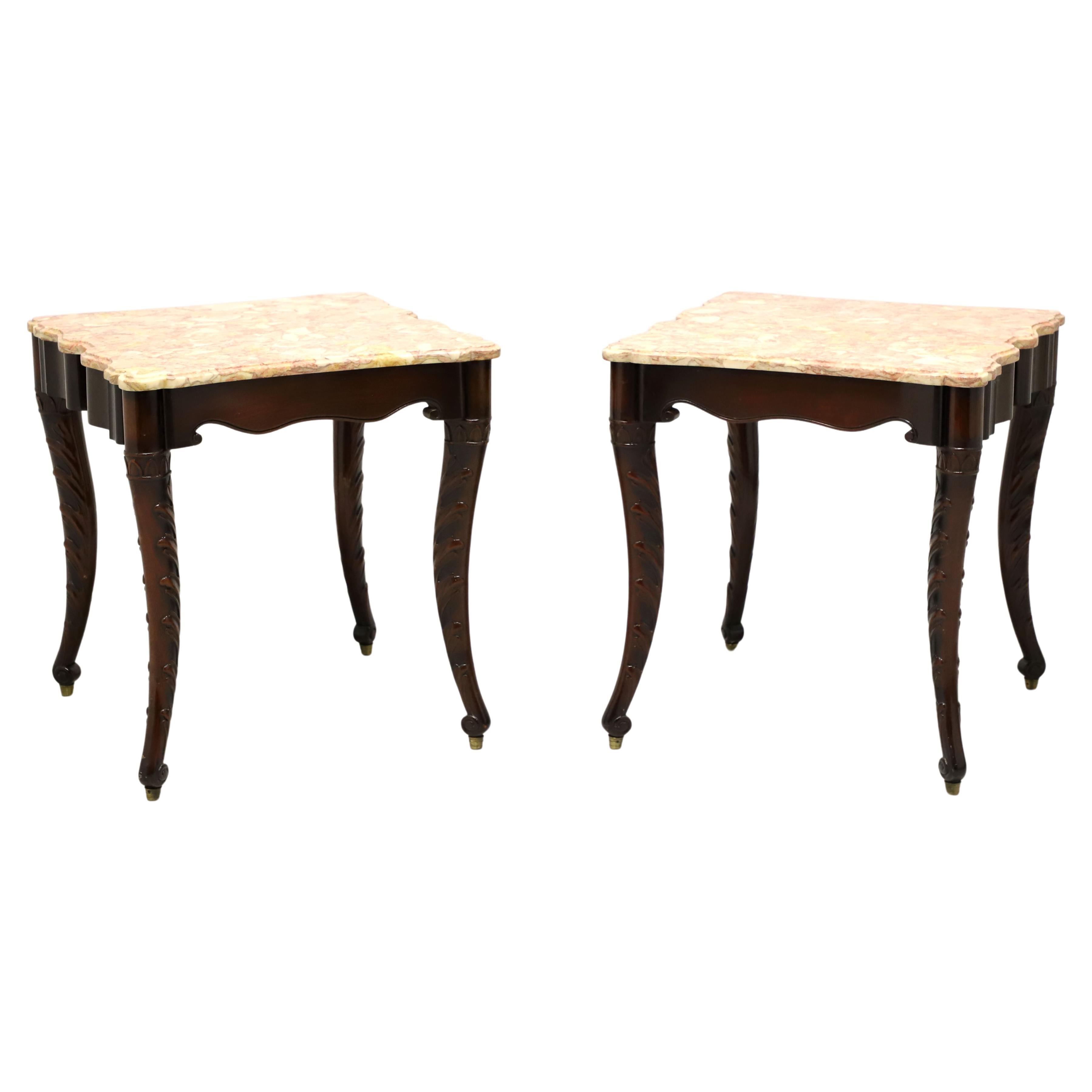 Mid 20th Century Carved Mahogany Marble Top Regency Large Side Tables - Pair