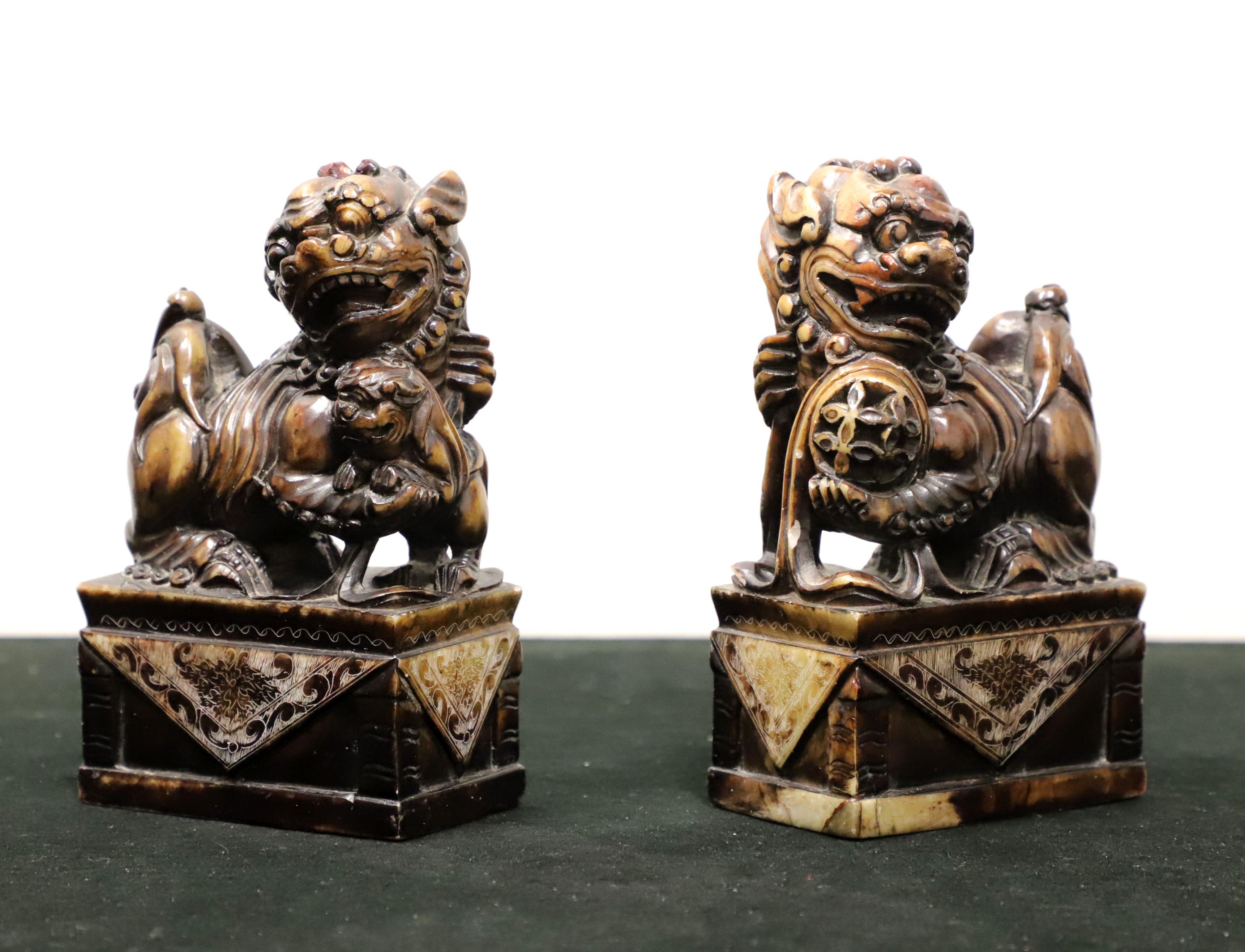 Mid 20th Century Carved Soapstone Sculptures Chocolate Colored Foo Dogs - Pair For Sale 4