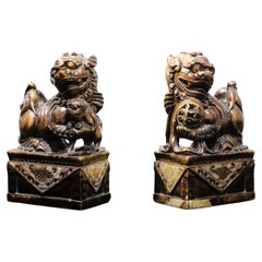Mid 20th Century Carved Soapstone Sculptures Chocolate Colored Foo Dogs - Pair