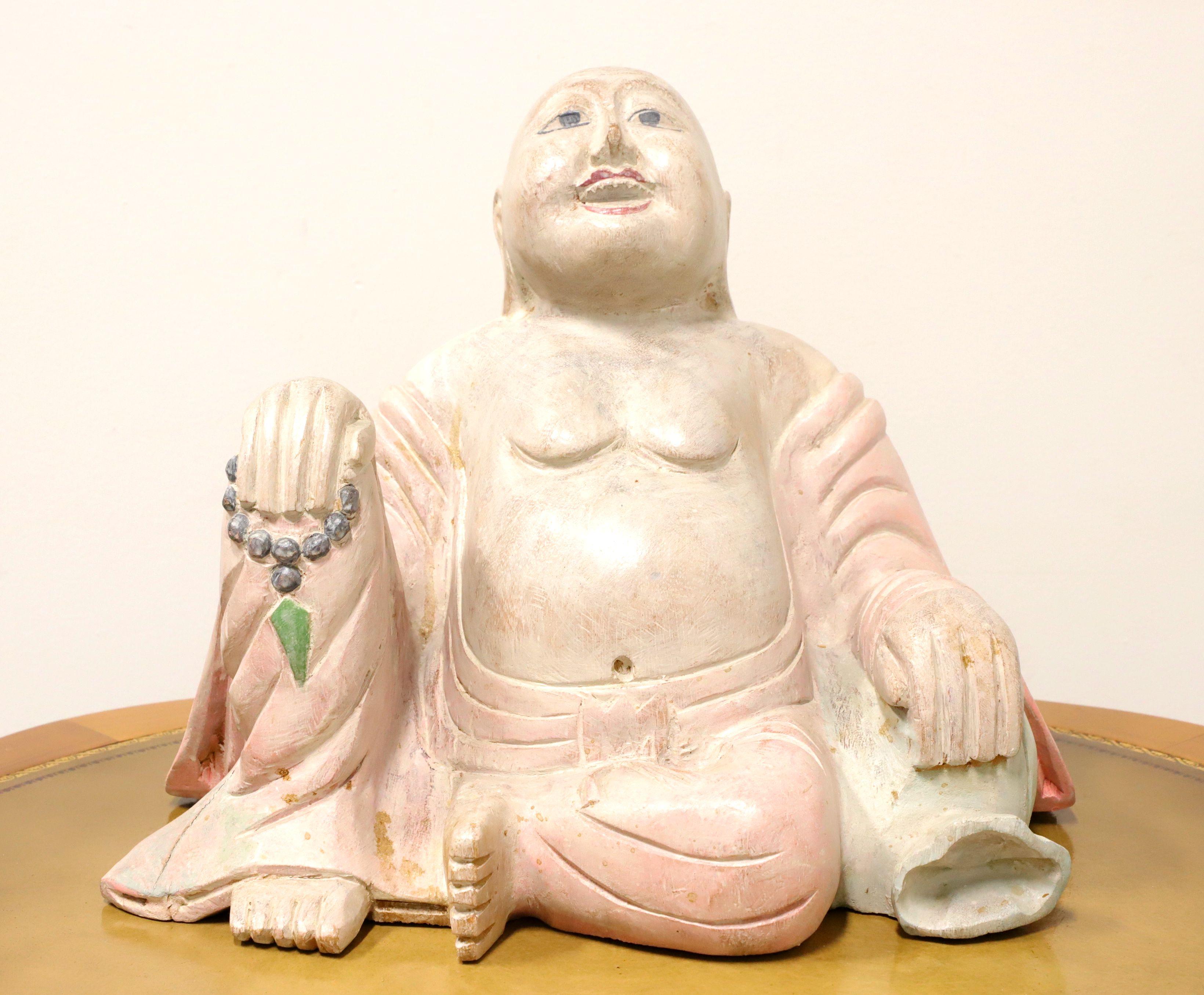 Mid 20th Century Carved Wood Smiling Buddha Figure Sculpture For Sale 3