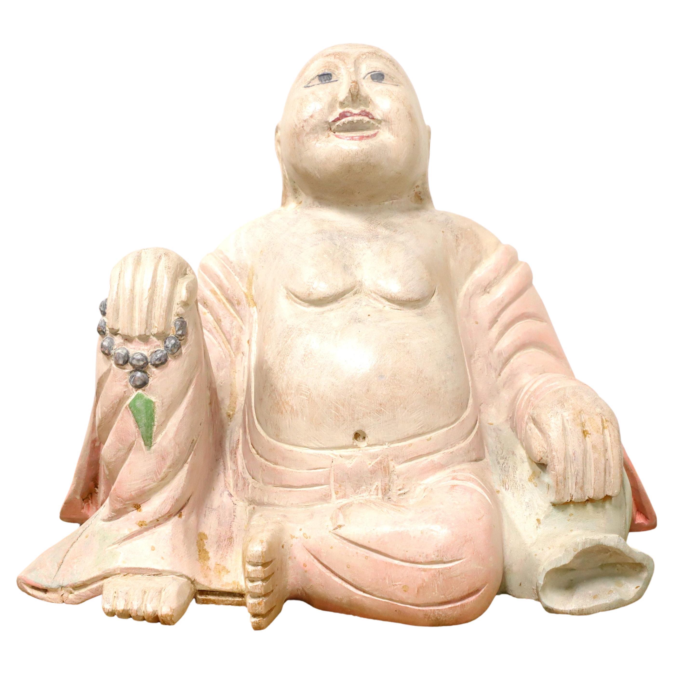 Mid 20th Century Carved Wood Smiling Buddha Figure Sculpture For Sale
