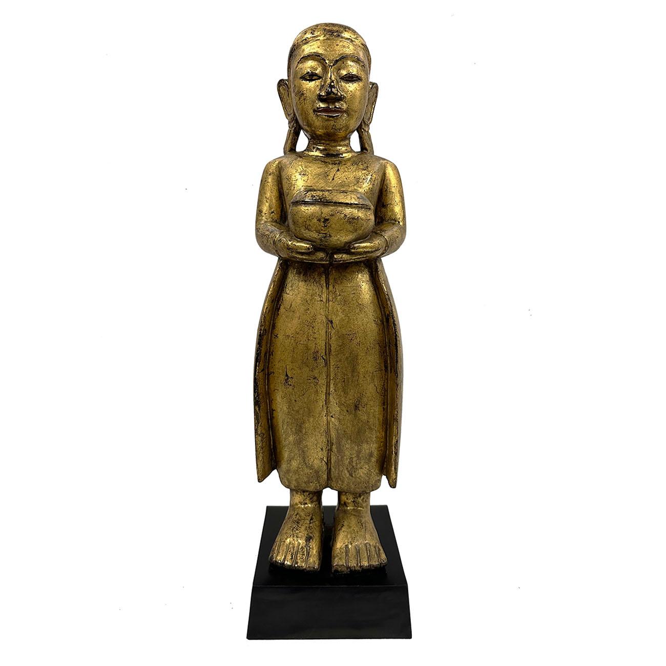 Mid-20th Century Carved Wooden Gilt Standing Thai Buddha Statues, Set of 4 For Sale 10