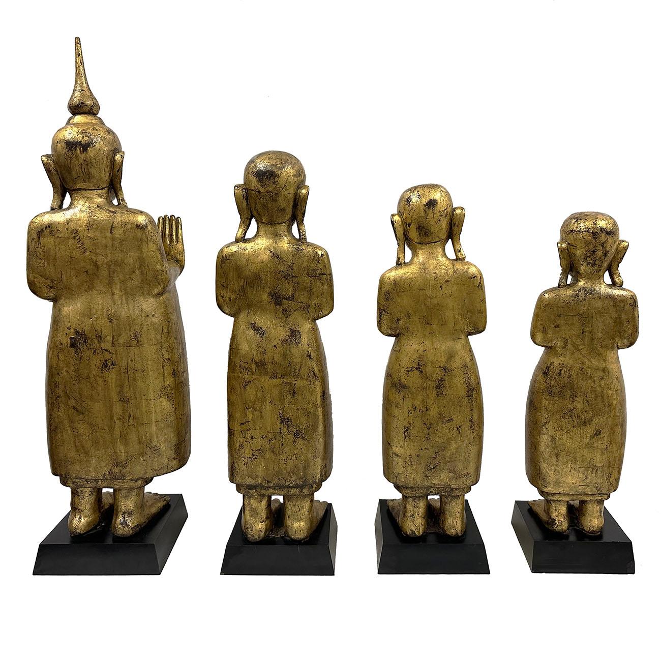 Mid-20th Century Carved Wooden Gilt Standing Thai Buddha Statues, Set of 4 For Sale 14