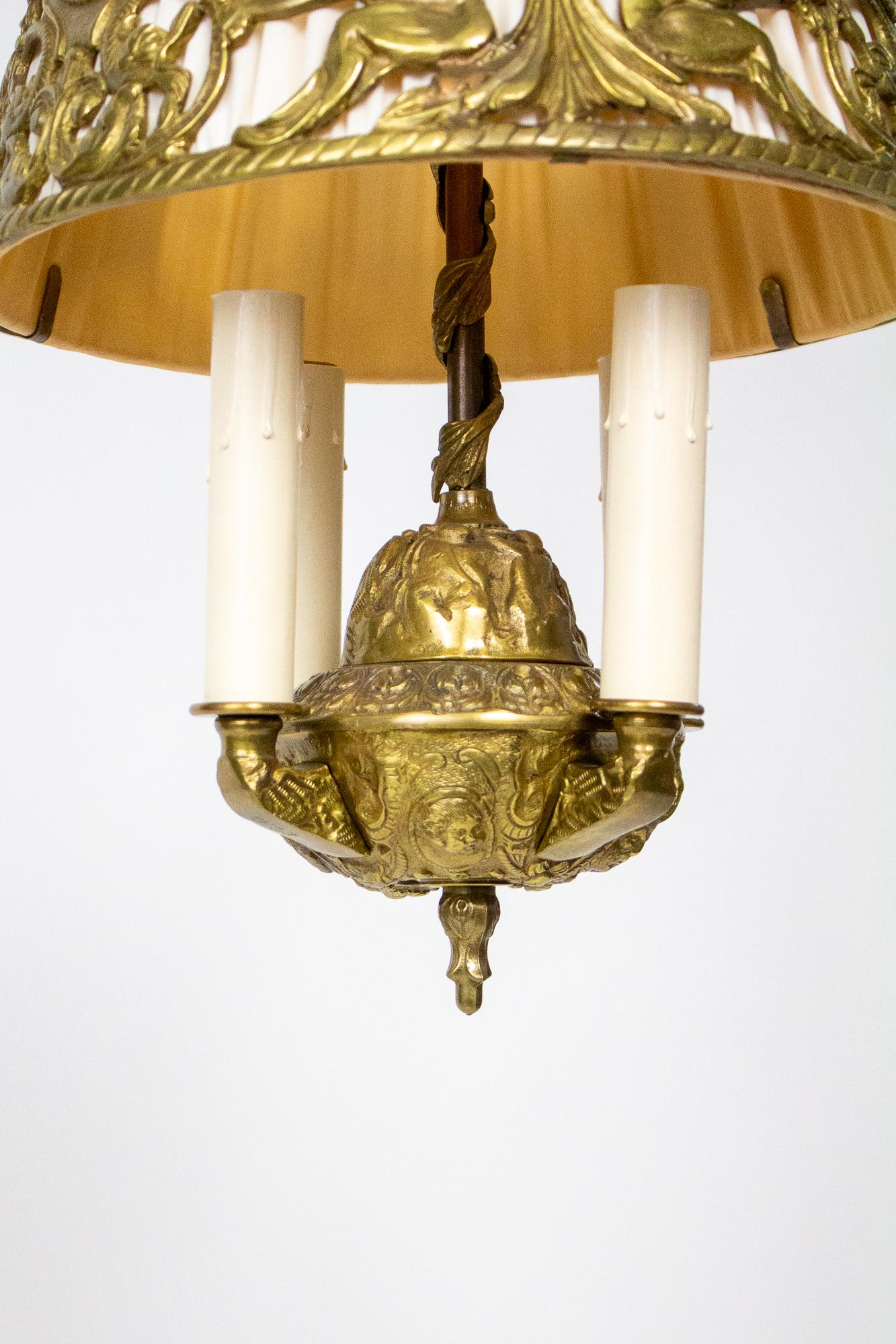 Spanish Mid 20th Century Cast Brass Hanging Four Light Sconce with Silk Shade For Sale