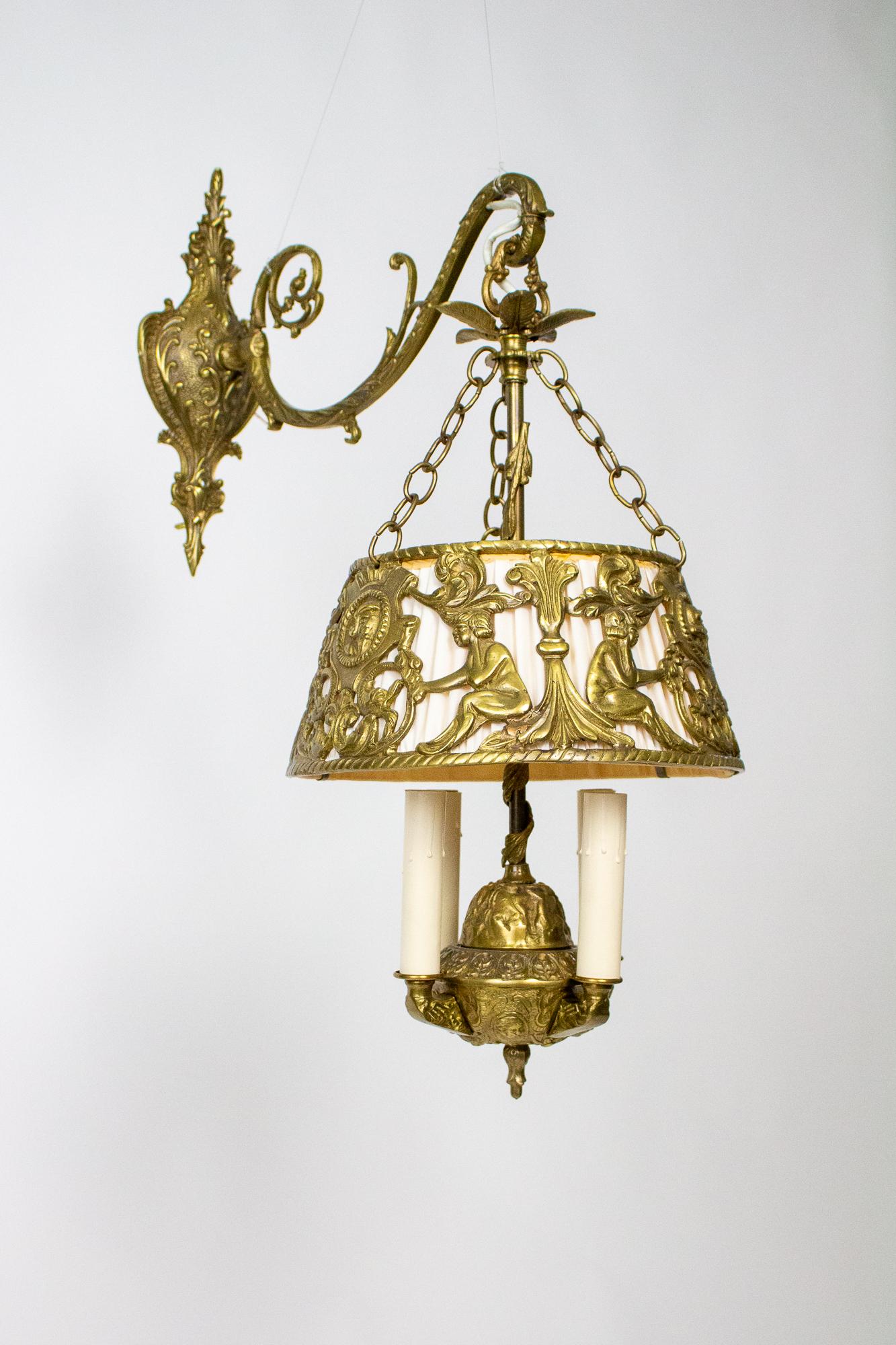 Mid 20th Century Cast Brass Hanging Four Light Sconce with Silk Shade In Excellent Condition For Sale In Canton, MA