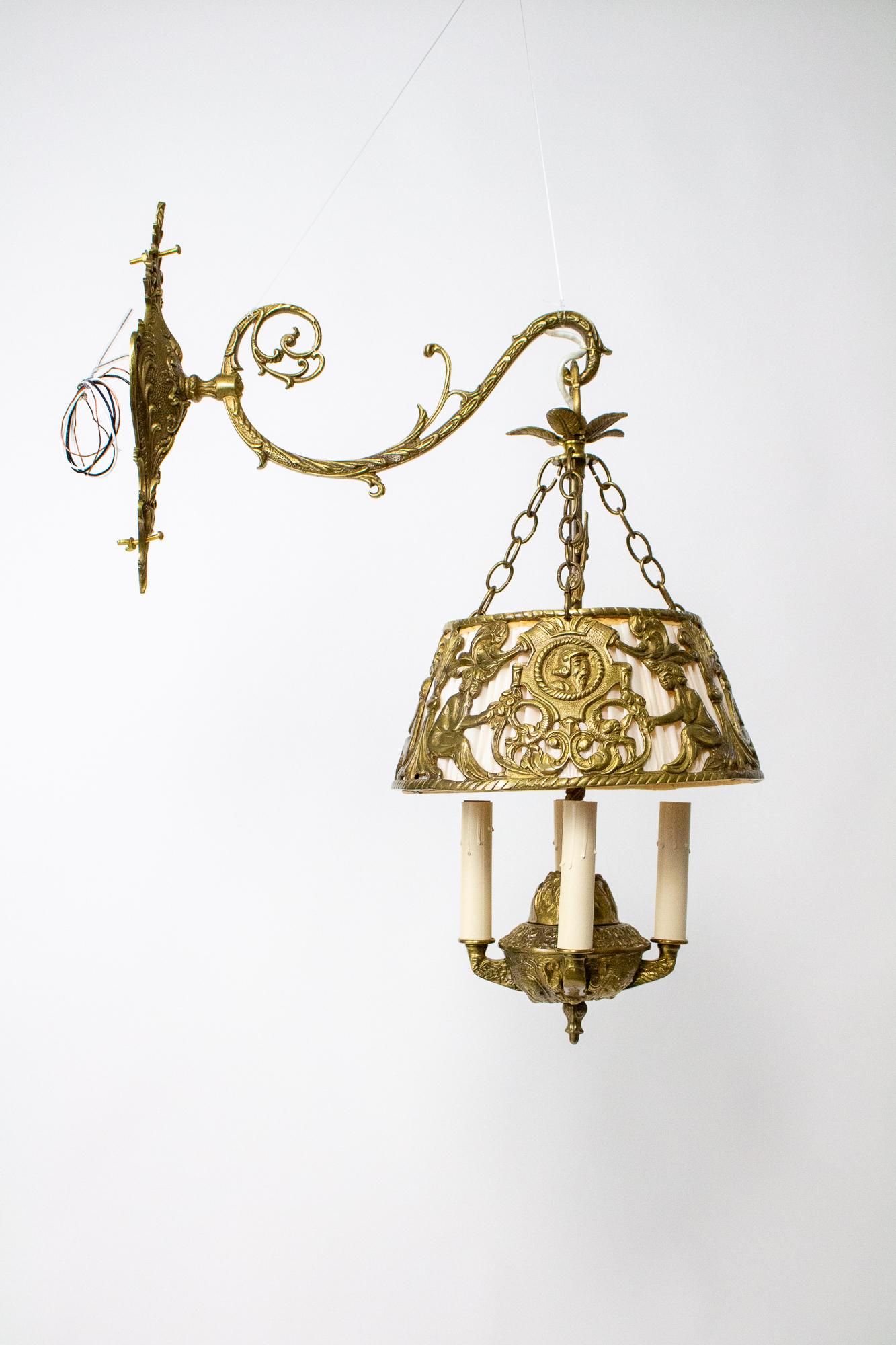 Mid 20th Century Cast Brass Hanging Four Light Sconce with Silk Shade For Sale 2